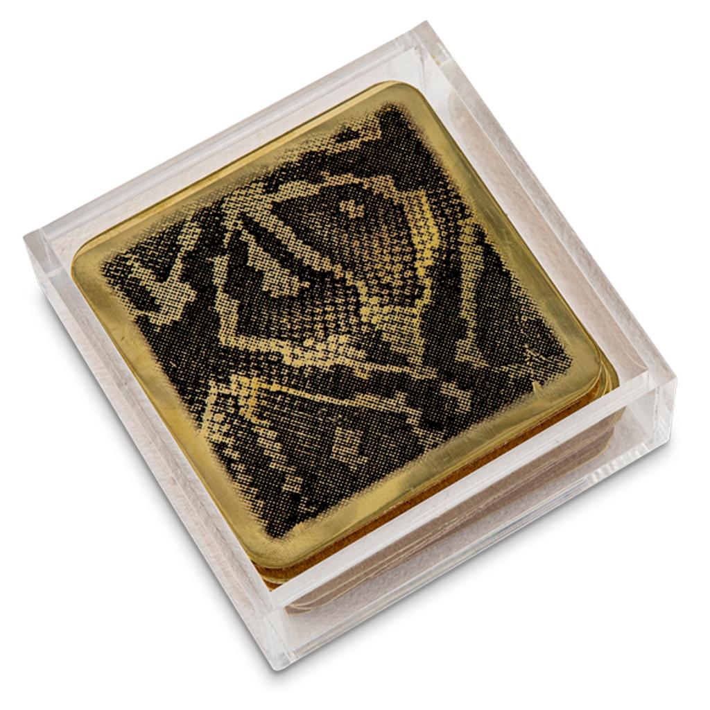 Polished Modern Etched Brass Coaster Bar Set Presented in an Agate Decorated Lucite Box For Sale