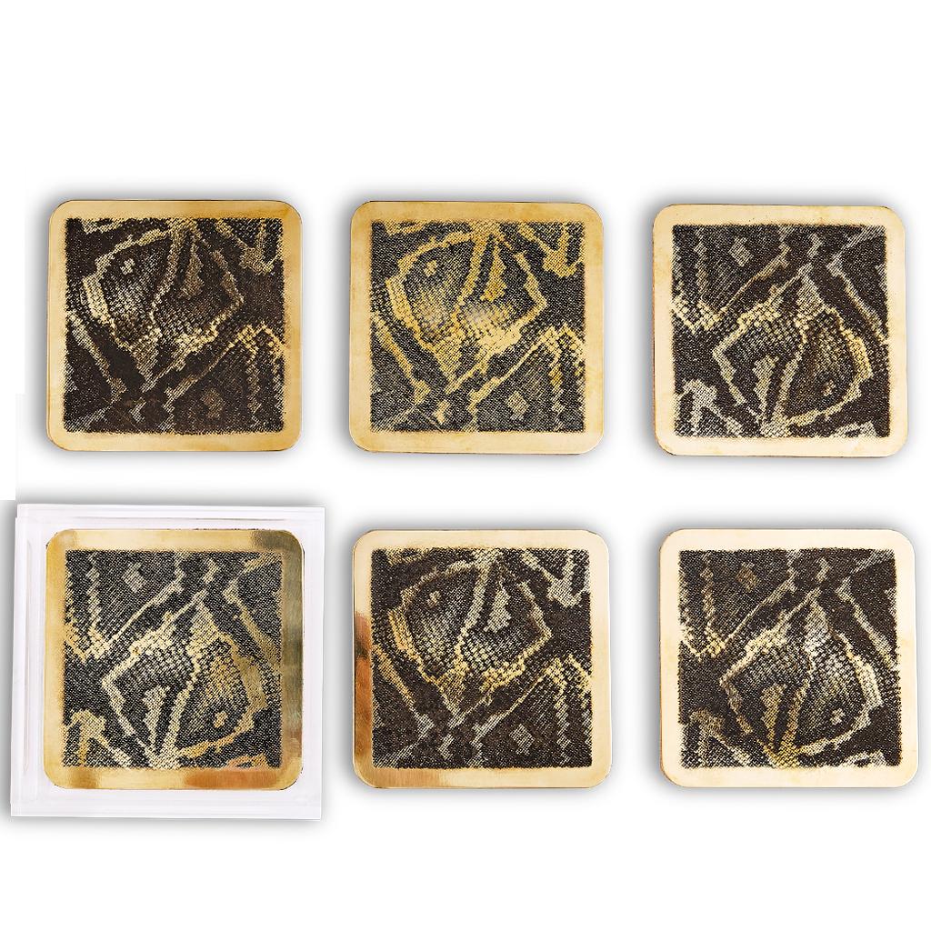 Contemporary Modern Etched Brass Coaster Bar Set Presented in an Agate Decorated Lucite Box For Sale