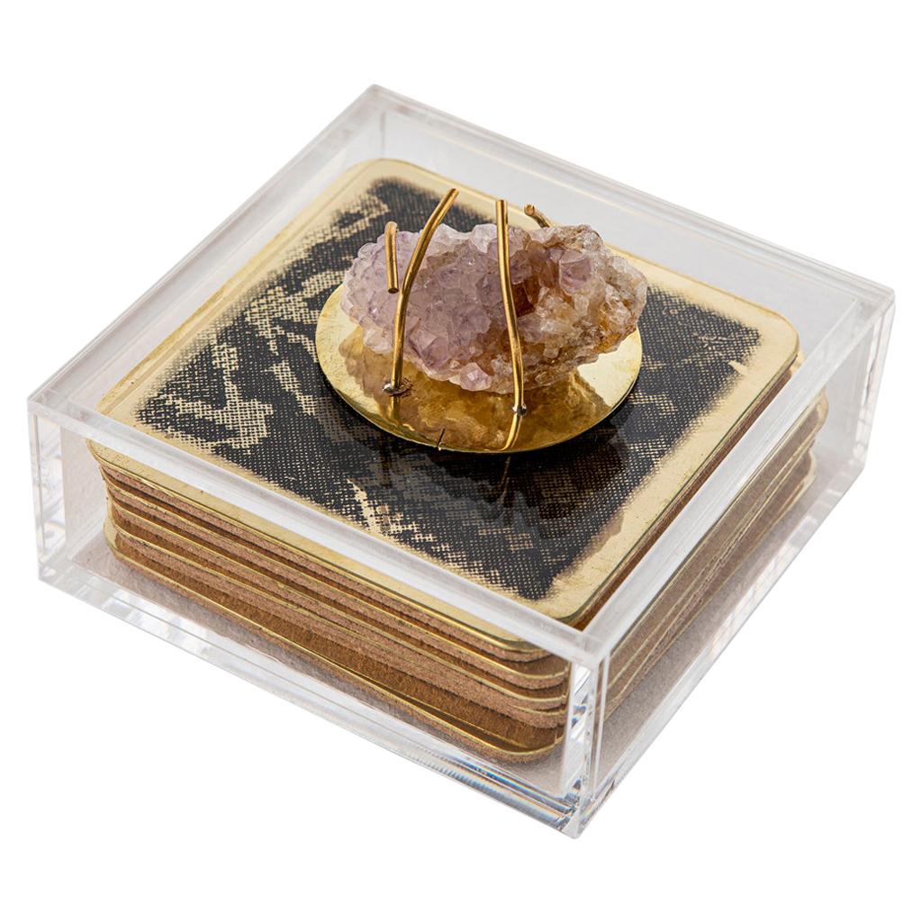 Modern Etched Brass Coaster Bar Set Presented in an Agate Decorated Lucite Box