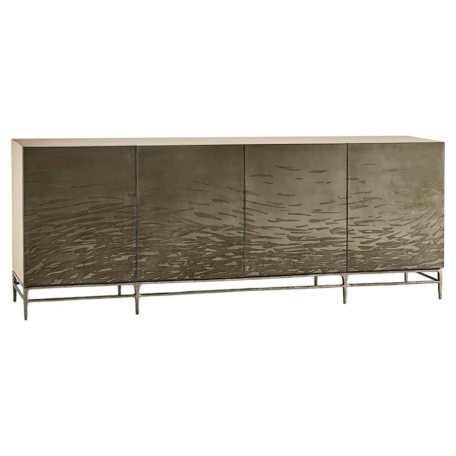 Modern Etched Brass Flowing Media Cabinet For Sale