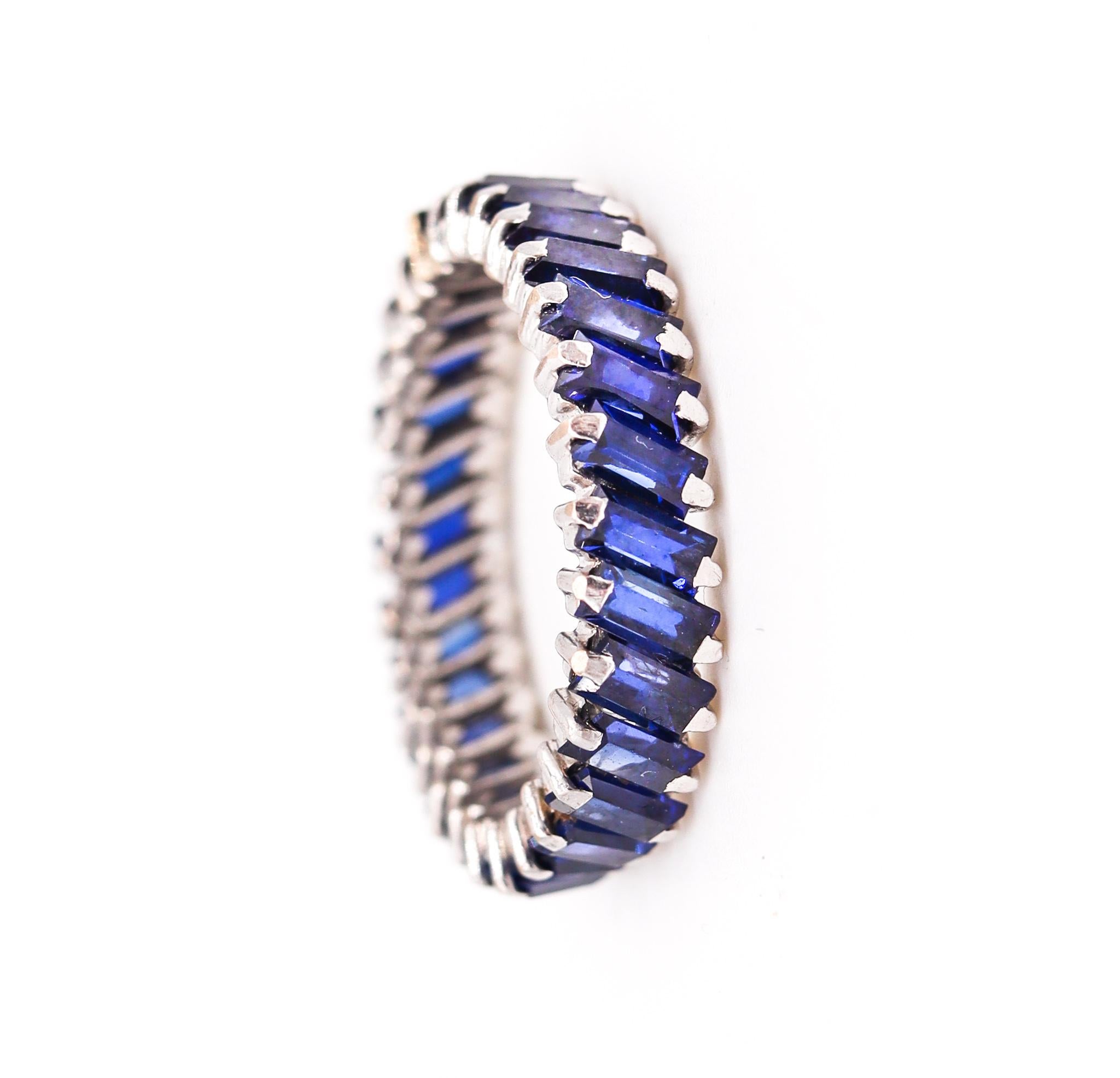 Baguette Cut Modern Eternity Diagonal Band Ring in Platinum with 3.02 Cts in Blue Sapphires For Sale
