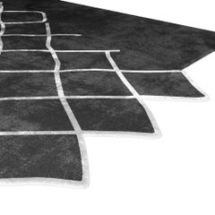 Modern Ethnic Black Rug with Abstract Pattern in Black & White details