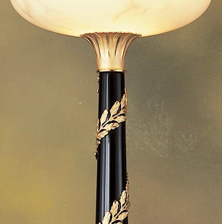 Contemporary Modern European Black Lacquer Ormolu Leaf Decor Alabaster Floor Lamp Torchiere For Sale