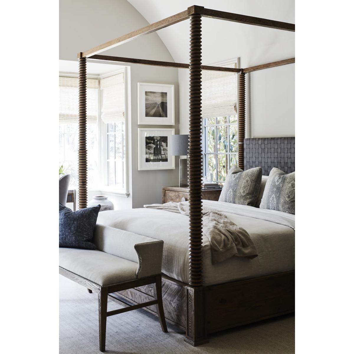 Four poster king size bed with turned oak posts, rustic oak paneled rails and parquetry footboard with hand-woven leather lattice headboard and an integrated 'Vintage' metal headboard supports.

Dimensions: 84.75