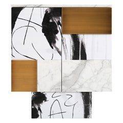 Modern Eve White Marble Abstract Art Brushed Brass Ash Veneer Storage Cabinet