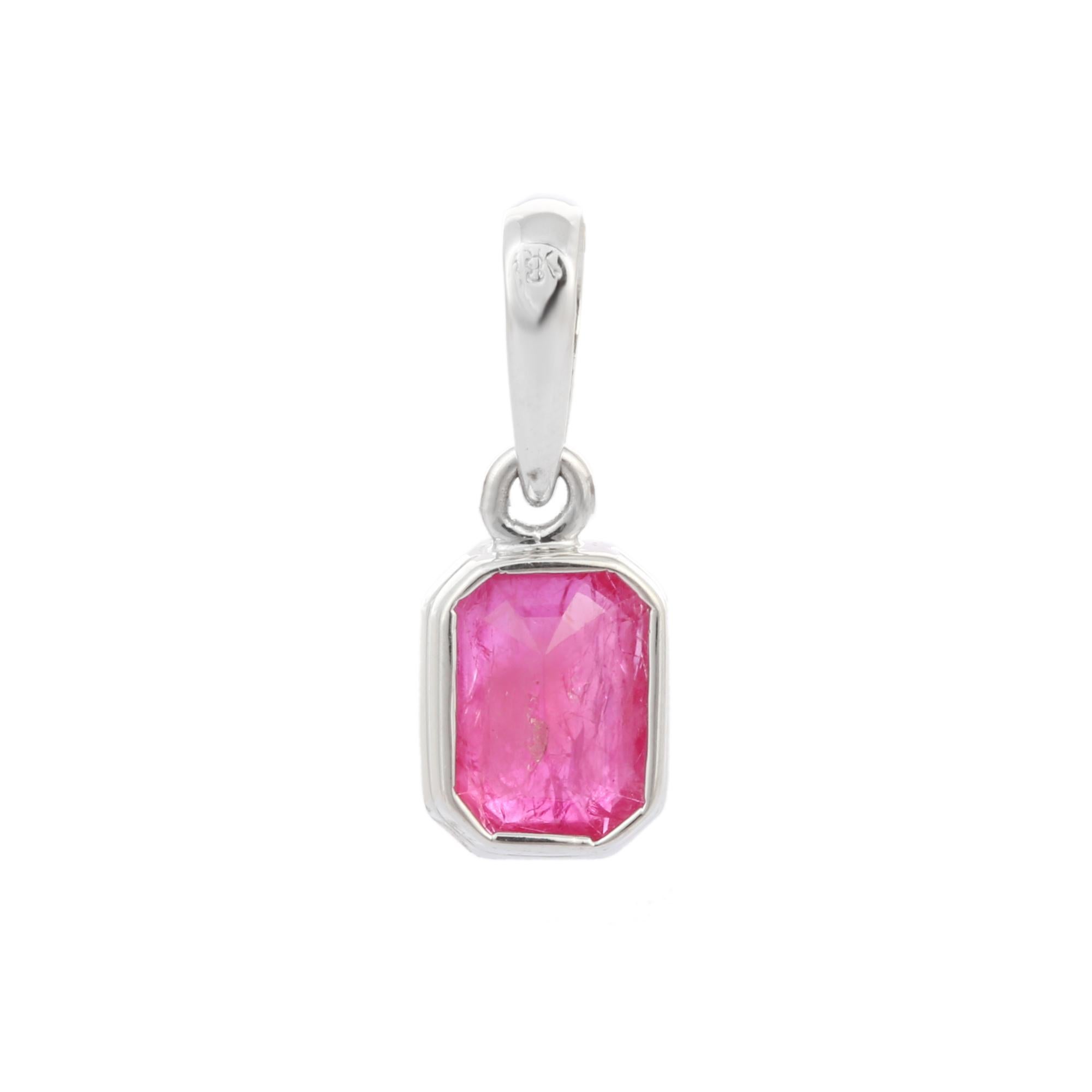 Modern Octagon Cut Ruby Pendant in 18K Gold. It has a octagon cut ruby that completes your look with a decent touch. Pendants are used to wear or gifted to represent love and promises. It's an attractive jewelry piece that goes with every basic