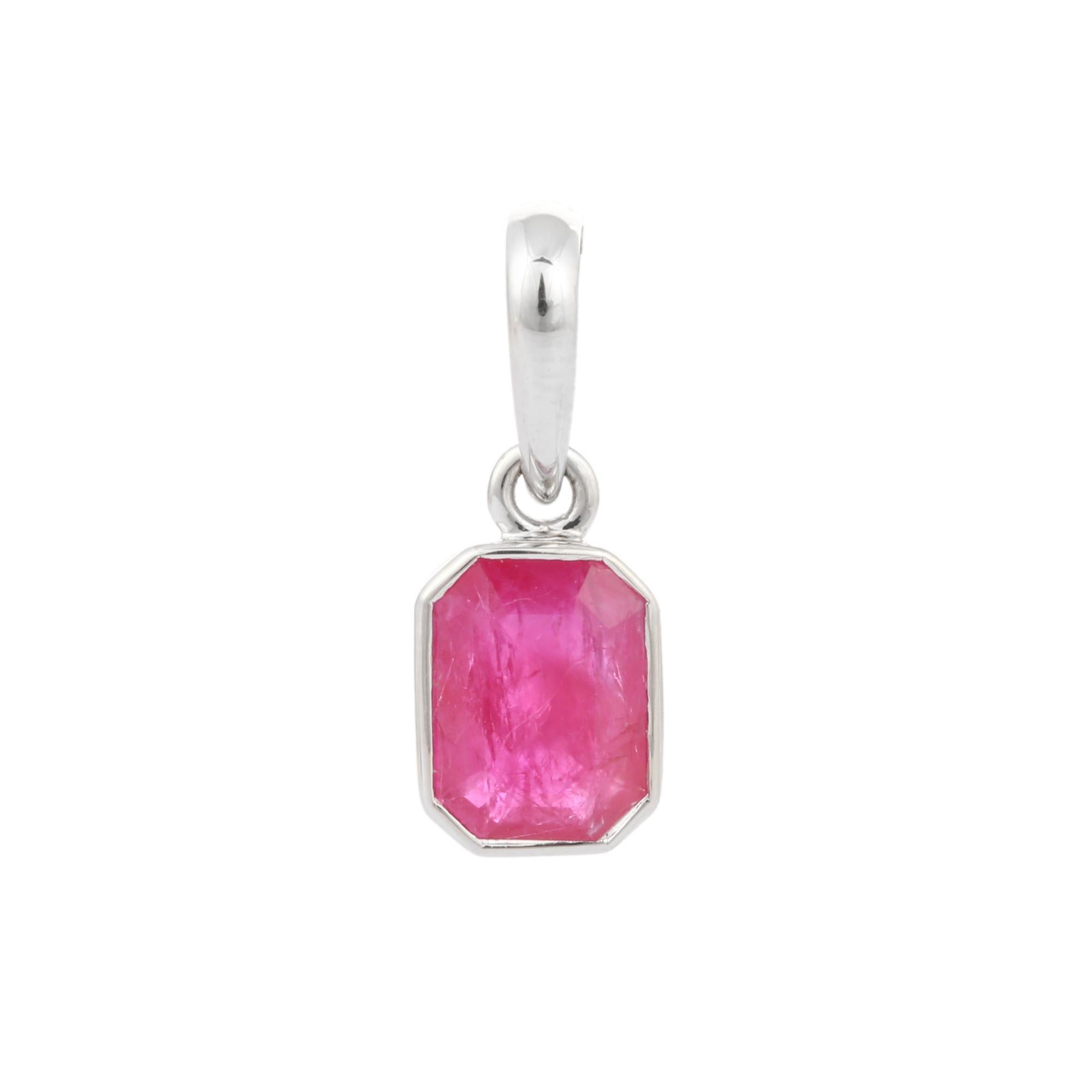 Modern Octagon Cut Ruby Pendant Mounted with 18K White Gold For Sale 1