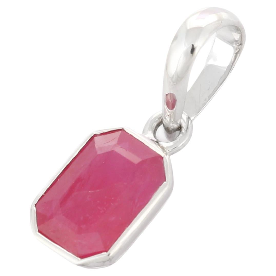 Modern Octagon Cut Ruby Pendant Mounted with 18K White Gold For Sale