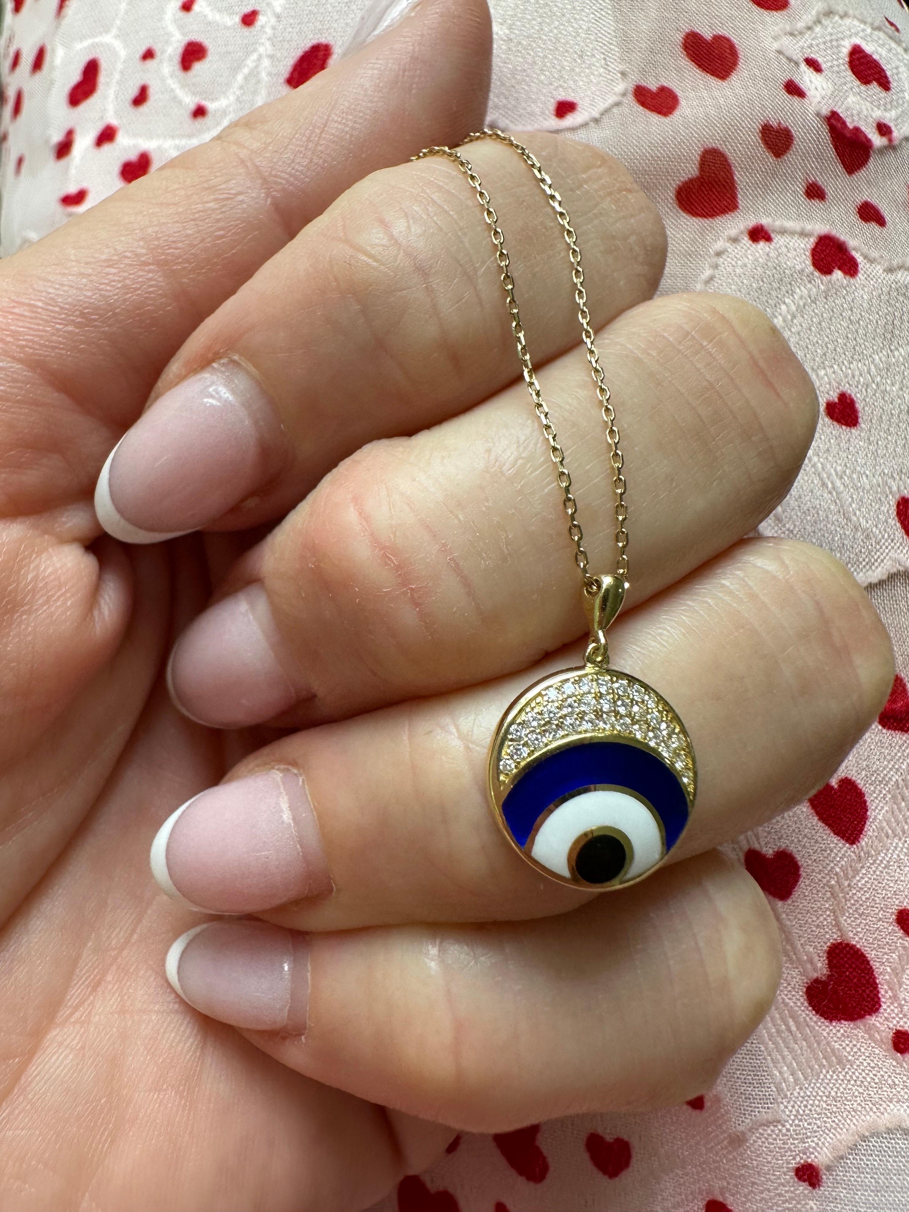 Modern evil eye diamond pendant necklace fantastic craftsmanship enamel art 18KT For Sale 5