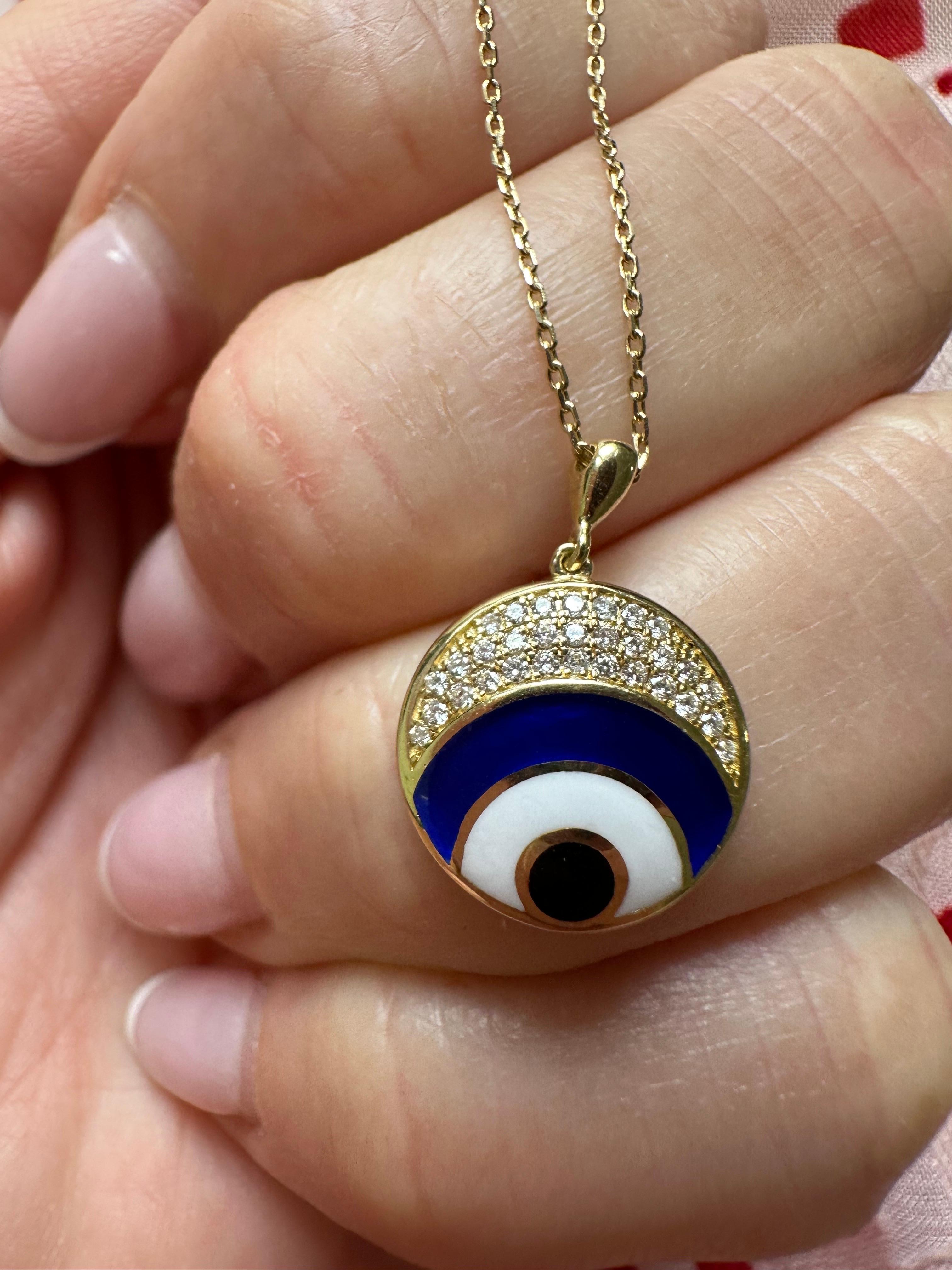 Modern evil eye diamond pendant necklace fantastic craftsmanship enamel art 18KT For Sale 6