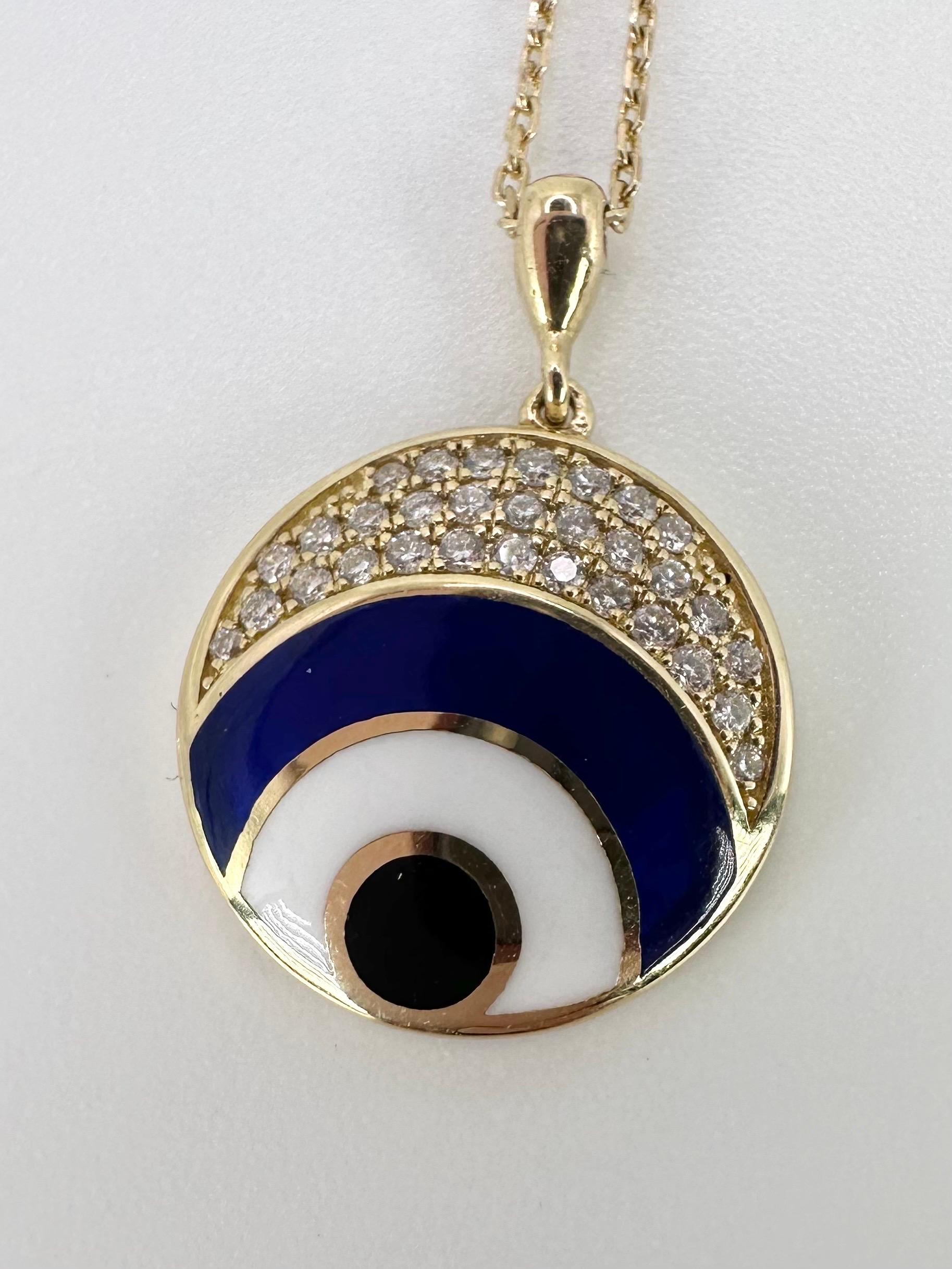 Modern evil eye diamond pendant necklace fantastic craftsmanship enamel art 18KT In New Condition For Sale In Jupiter, FL