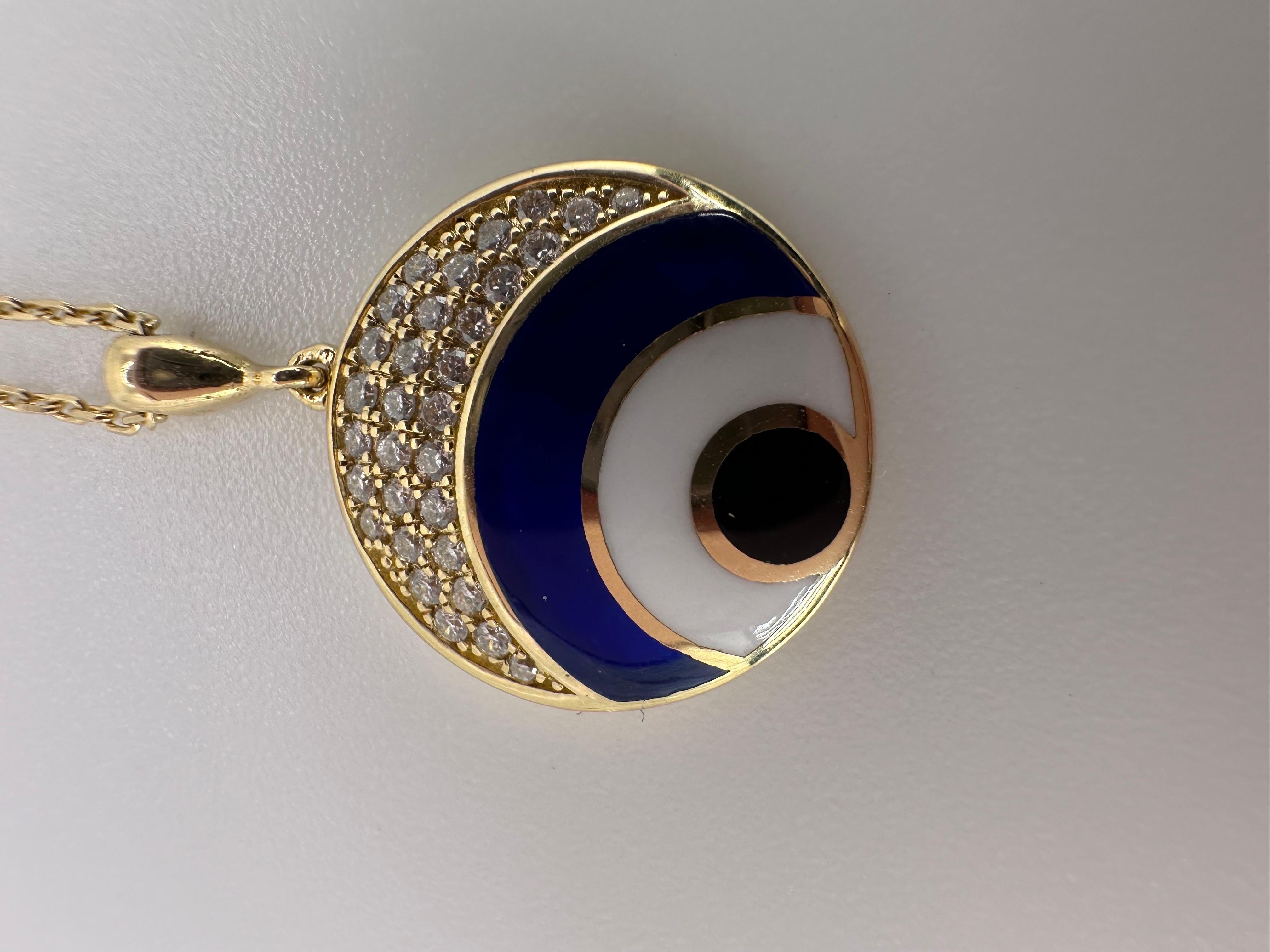 Women's or Men's Modern evil eye diamond pendant necklace fantastic craftsmanship enamel art 18KT For Sale