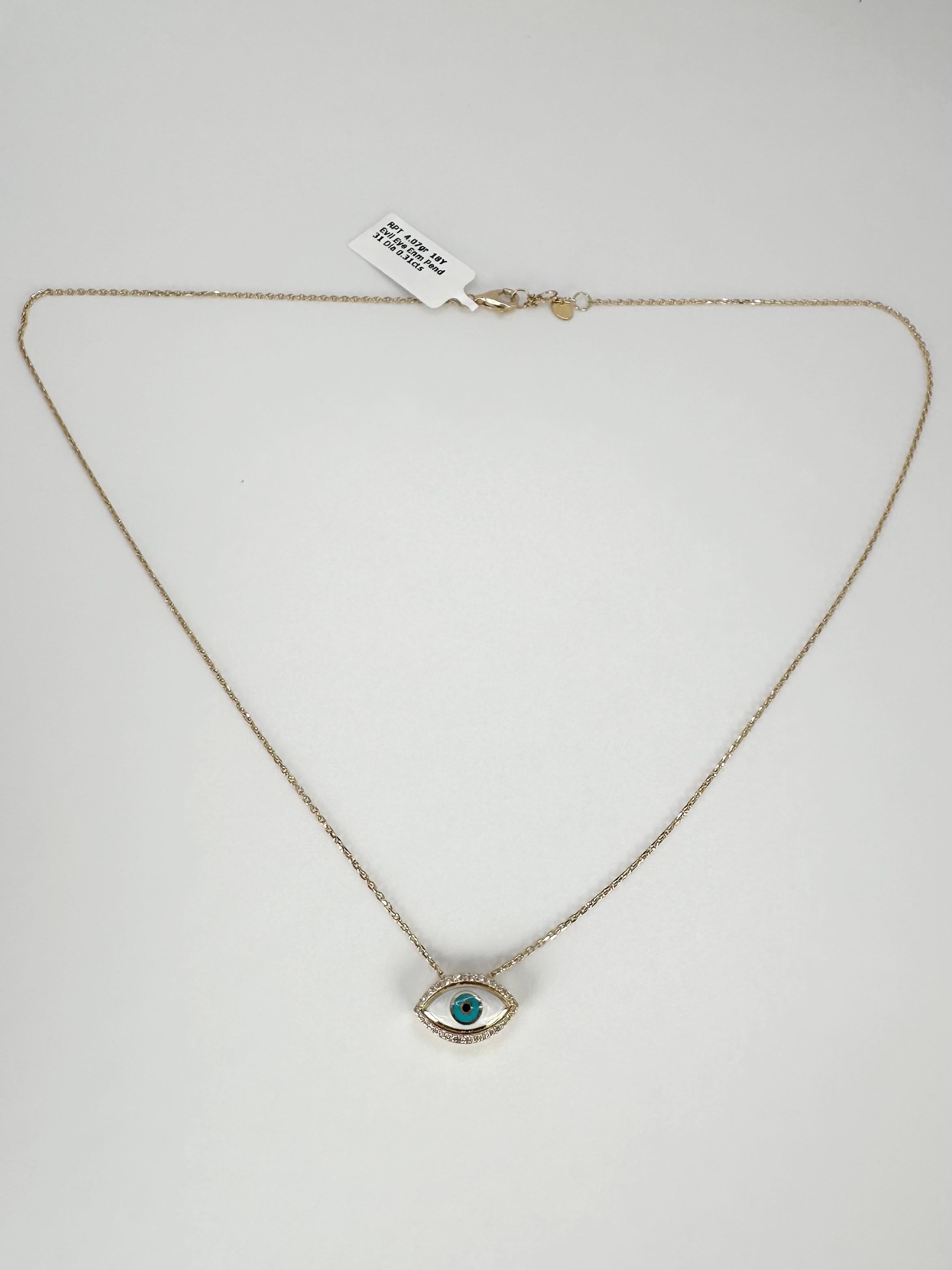 Taille brillant Collier pendentif moderne en émail mauvais œil en or jaune 18 carats avec diamants en vente