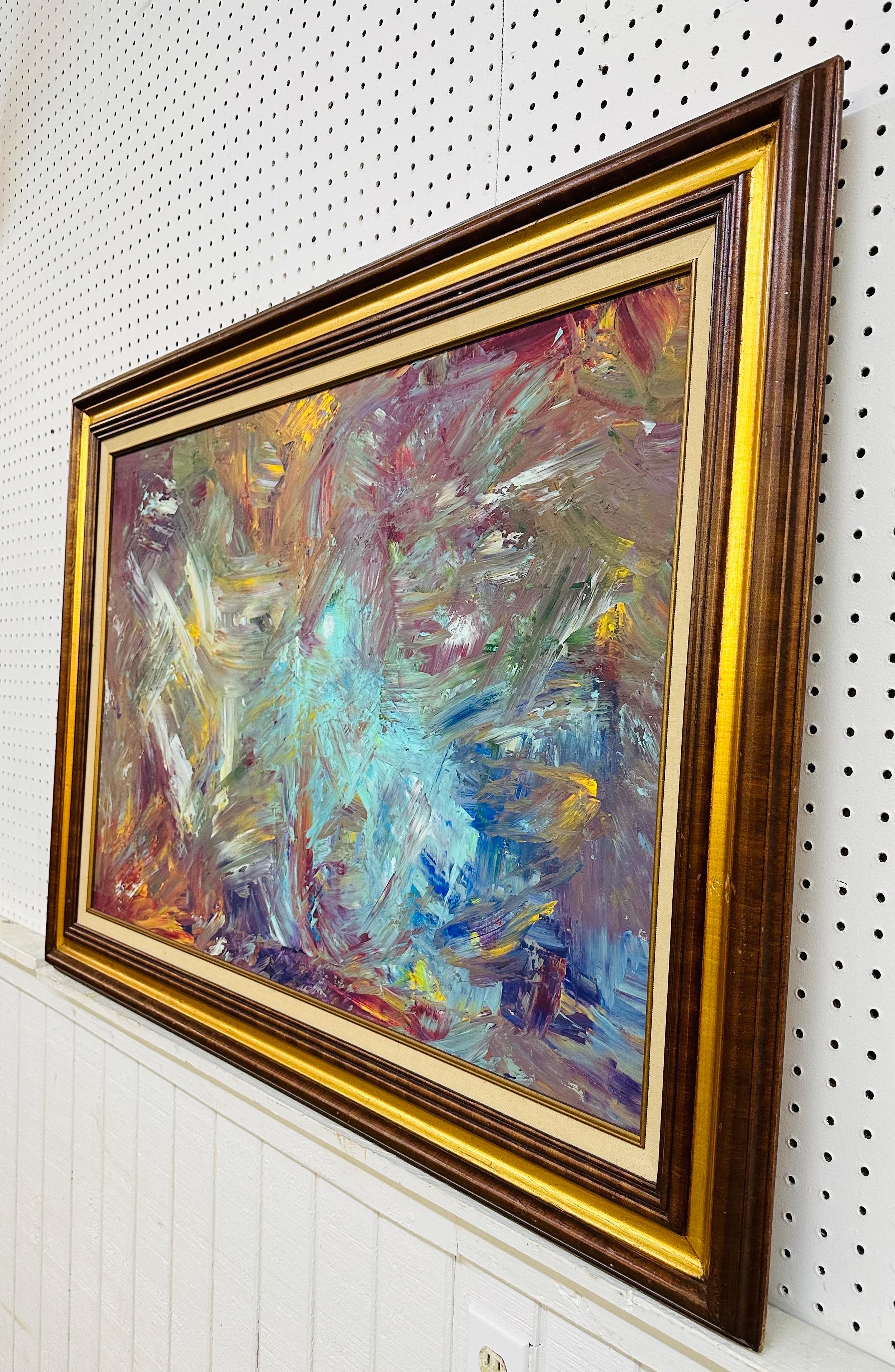 This listing is for a Modern Expressionist Abstract Painting. Featuring a vintage gold frame, original expressionist style abstract art with a mixture of colors, and a wire on the back for hanging. This is an exceptional piece by artist Mullin.