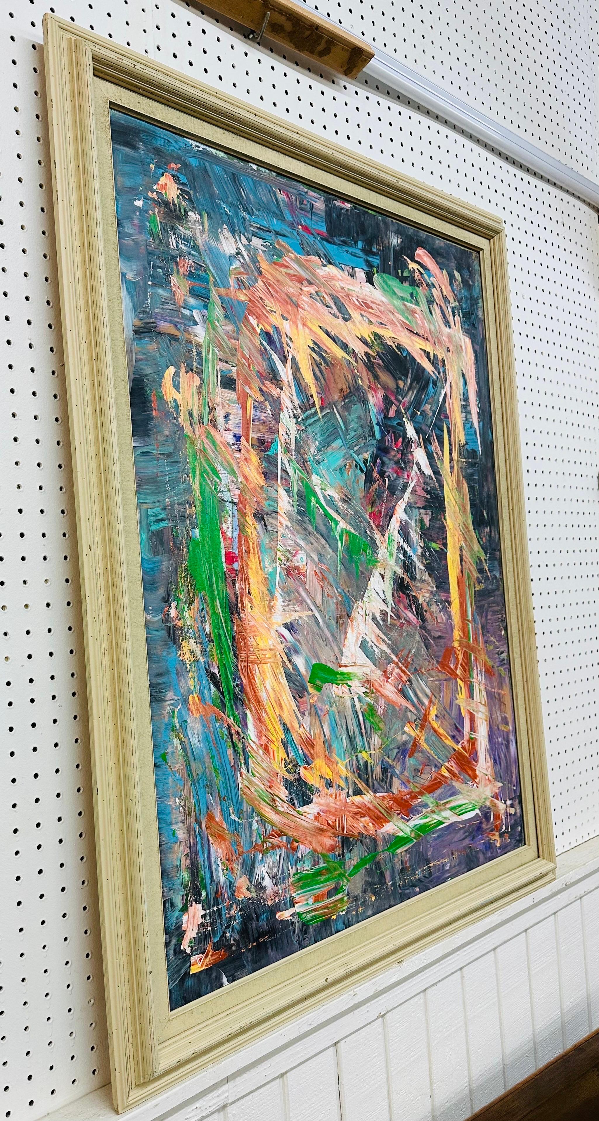 Cette annonce concerne une peinture abstraite expressionniste moderne. Vintage By, cadre en bois vintage, art abstrait original de style expressionniste avec un mélange de couleurs, et un fil de fer au dos pour la suspension. Il s'agit d'une pièce