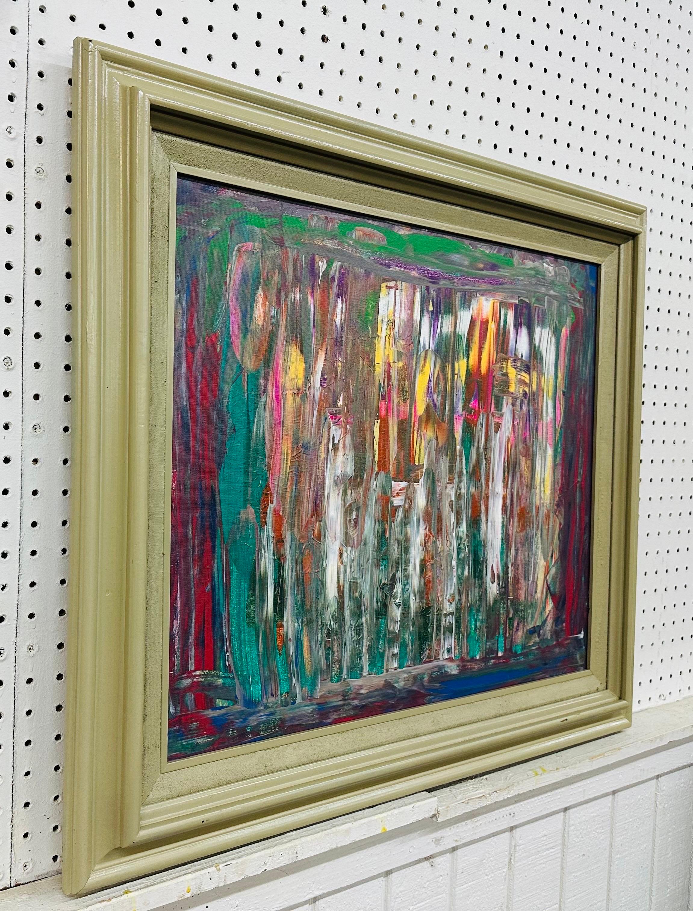 Dieses Angebot ist für ein modernes expressionistisches abstraktes Gemälde. Mit einem Vintage-Holzrahmen, origineller abstrakter Kunst im expressionistischen Stil mit einer Mischung aus Farben und einem Draht auf der Rückseite zum Aufhängen. Dies