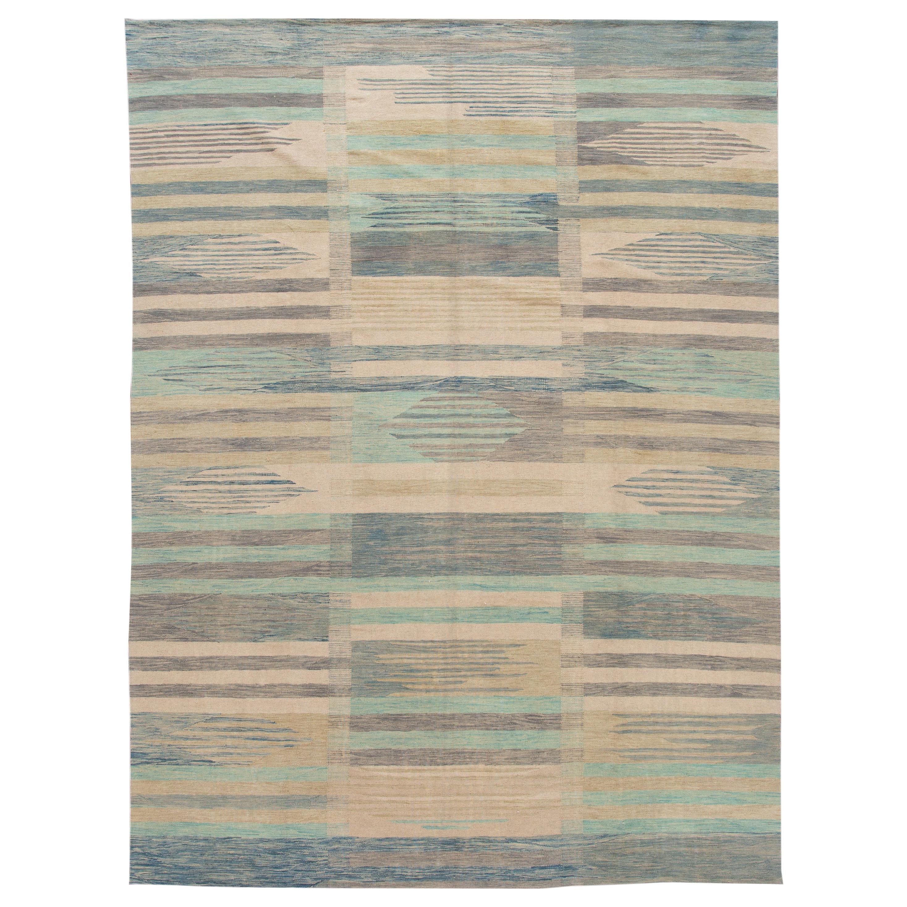 Modern Expressionist Flat-Weave Room Size Wool Rug For Sale