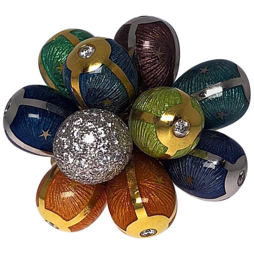 Modern Faberge 1.53 Carat, Multicolored Enamel Egg Cluster Ring For Sale
