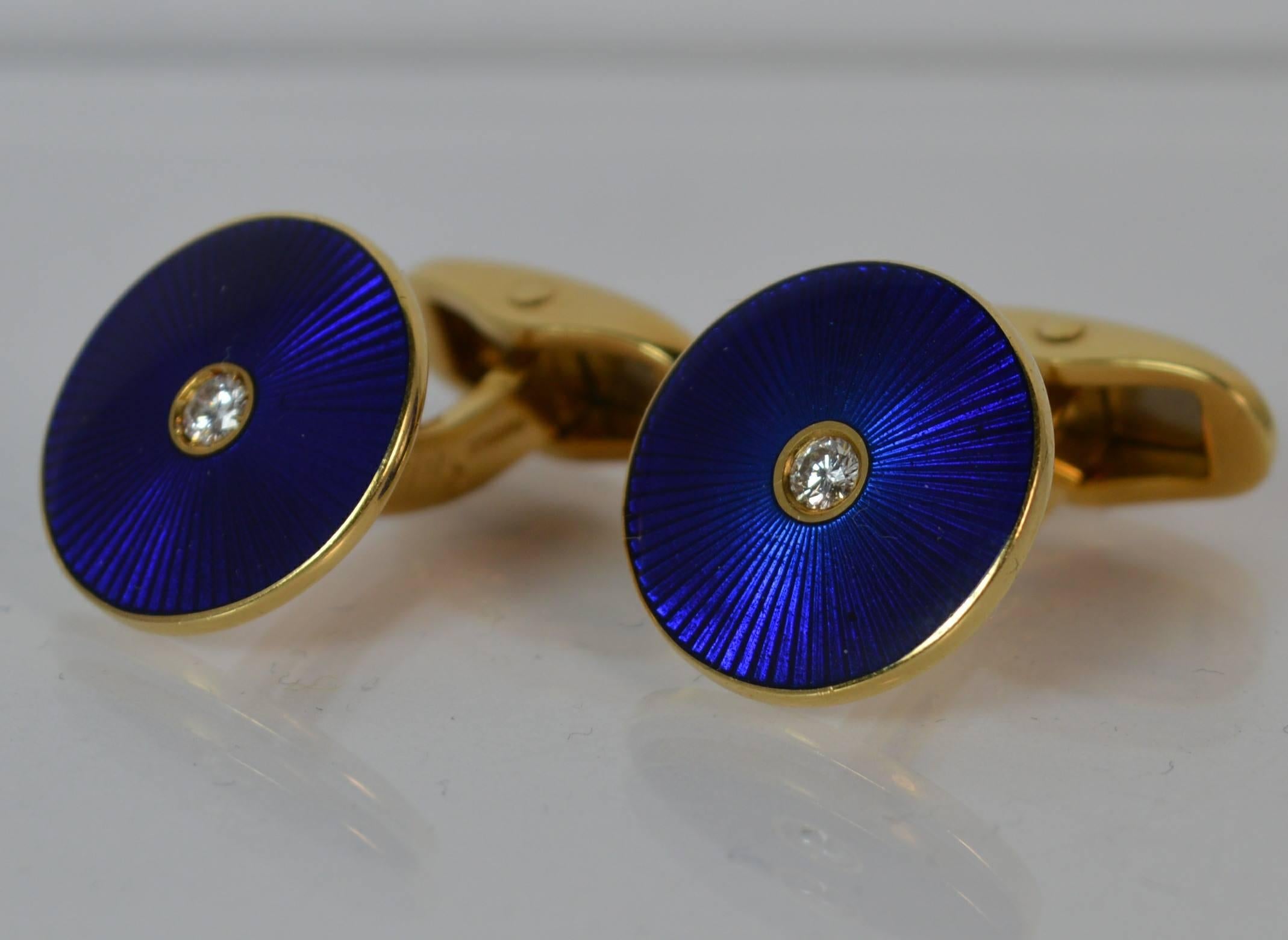 Art Deco Modern Faberge 18 Carat Gold Diamond Guilloche Enamel Pair of Men's Cufflinks