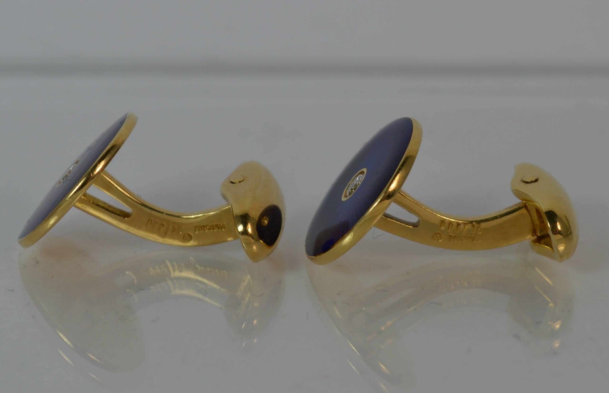 Modern Faberge 18 Carat Gold Diamond Guilloche Enamel Pair of Men's Cufflinks In Excellent Condition In St Helens, GB