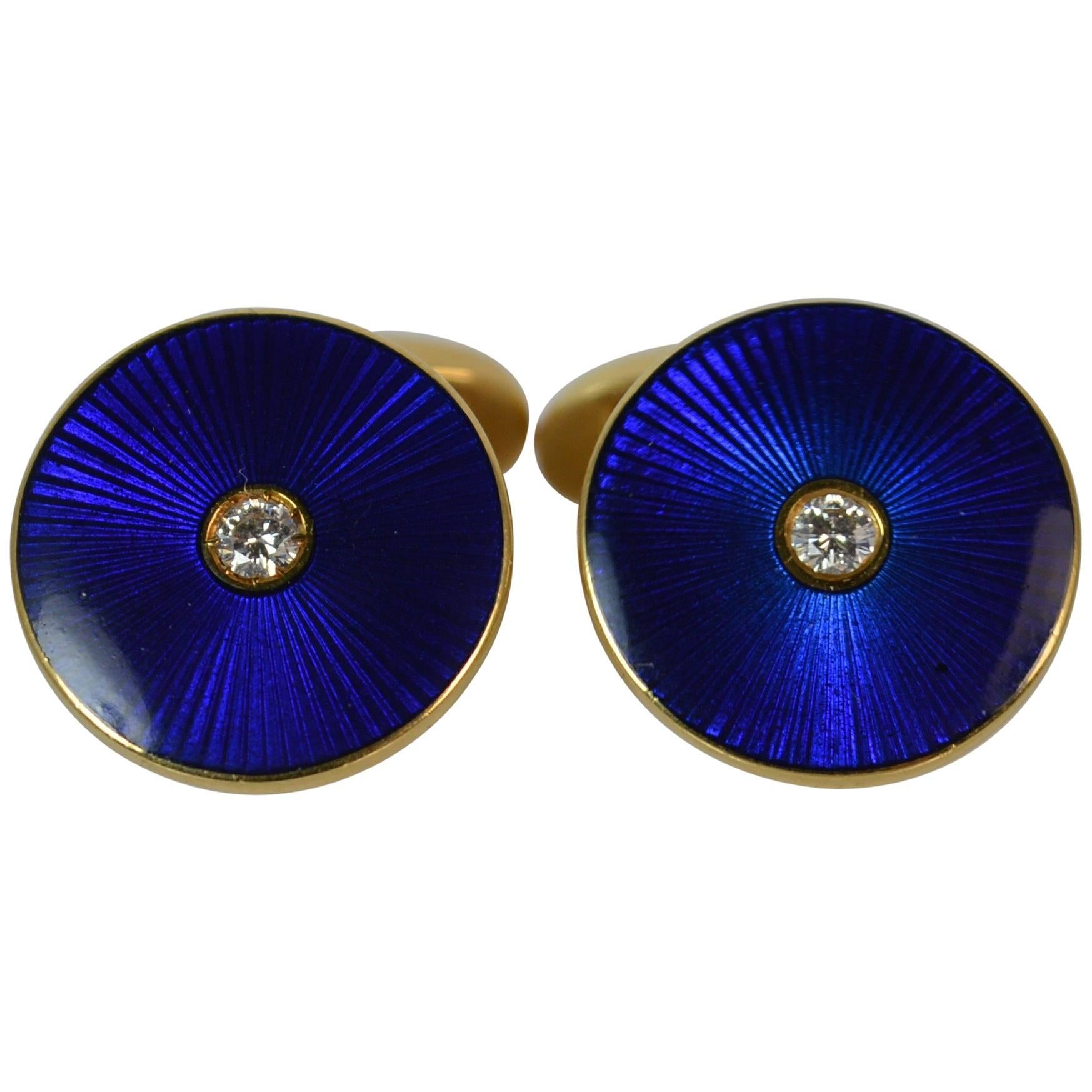 Modern Faberge 18 Carat Gold Diamond Guilloche Enamel Pair of Men's Cufflinks