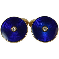 Modern Faberge 18 Carat Gold Diamond Guilloche Enamel Pair of Men's Cufflinks