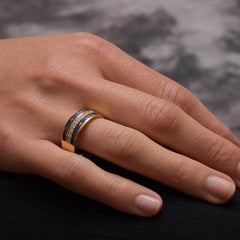 Modern Faberge 18 Karat Yellow Gold and Blue Enamel Ring with Diamond Row