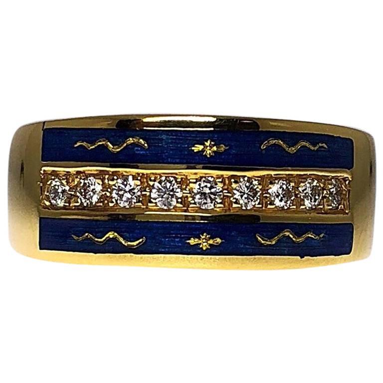 Modern Faberge 18 Karat Yellow Gold and Blue Enamel Ring with Diamond Row