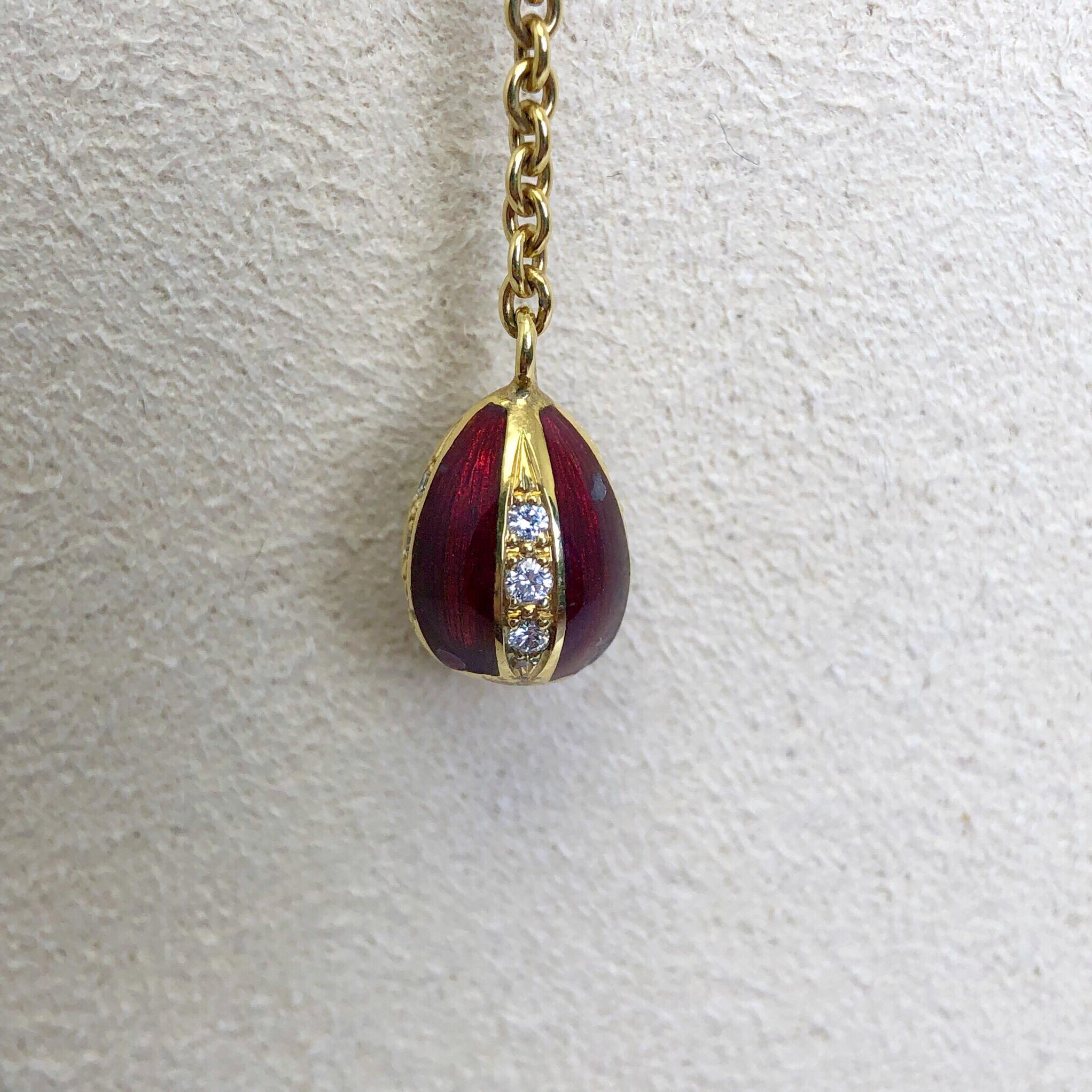 Round Cut Modern Faberge 18 Karat Yellow Gold, Enamel and Diamond Cascading Egg Necklace For Sale