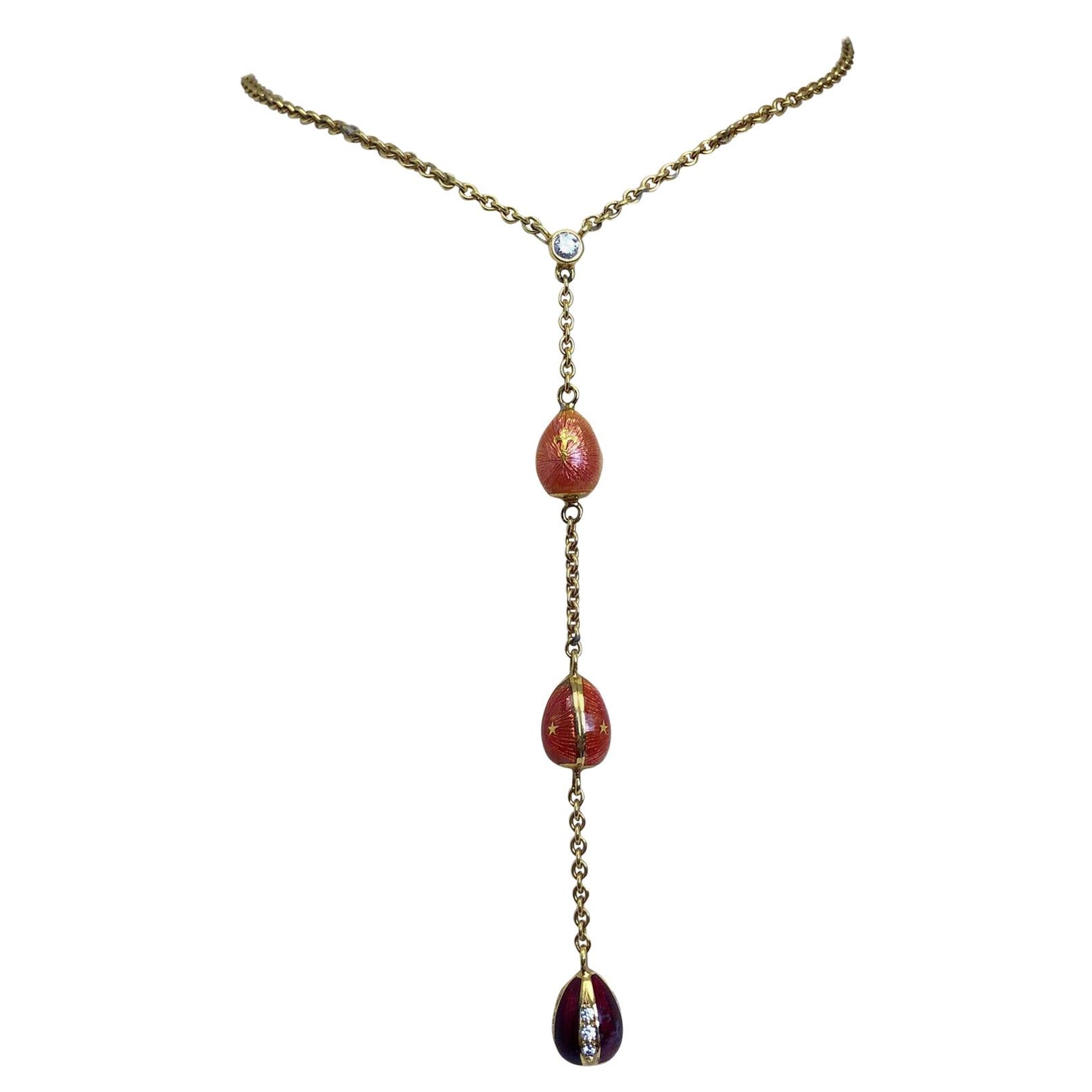 Modern Faberge 18 Karat Yellow Gold, Enamel and Diamond Cascading Egg Necklace For Sale