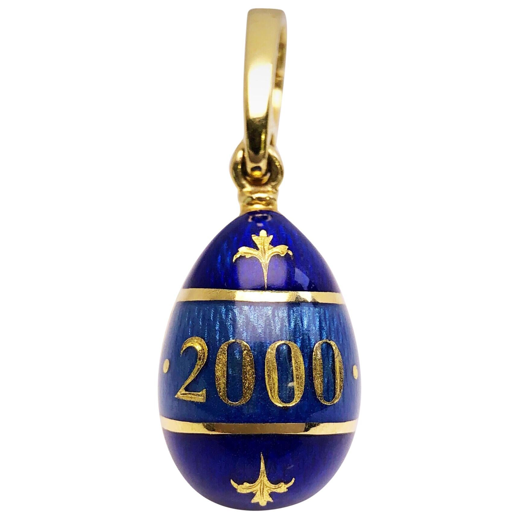 Modern Faberge 18 Karat Yellow Gold, Guilloche "2000" Enamel Egg Pendant