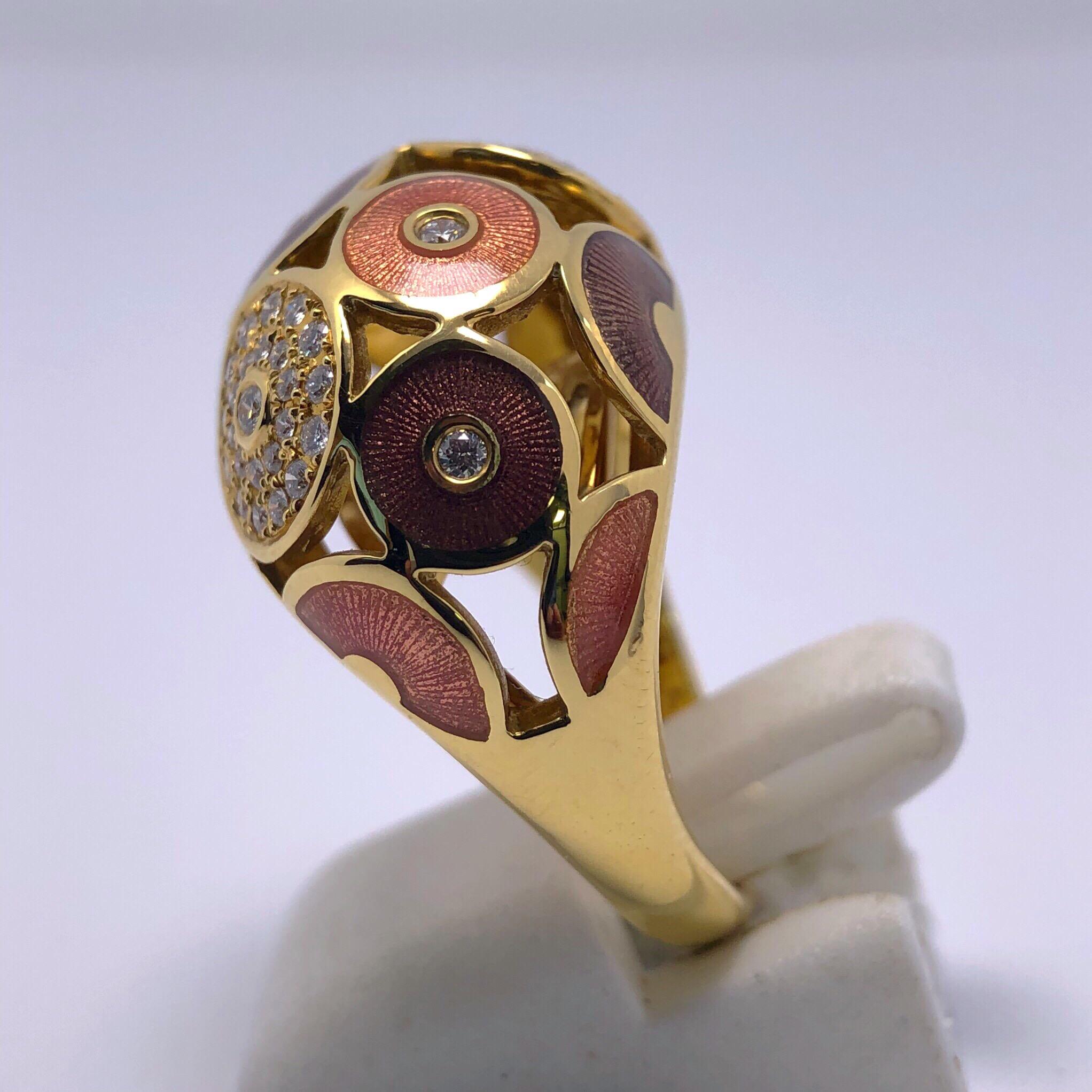 Modern Faberge 18 Karat Yellow Gold, Guilloché Enamel and Diamond Ring In New Condition In New York, NY