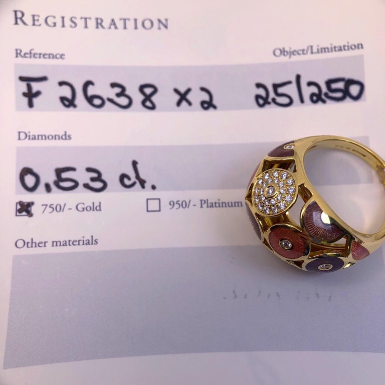 Modern Faberge 18 Karat Yellow Gold, Guilloché Enamel and Diamond Ring ...