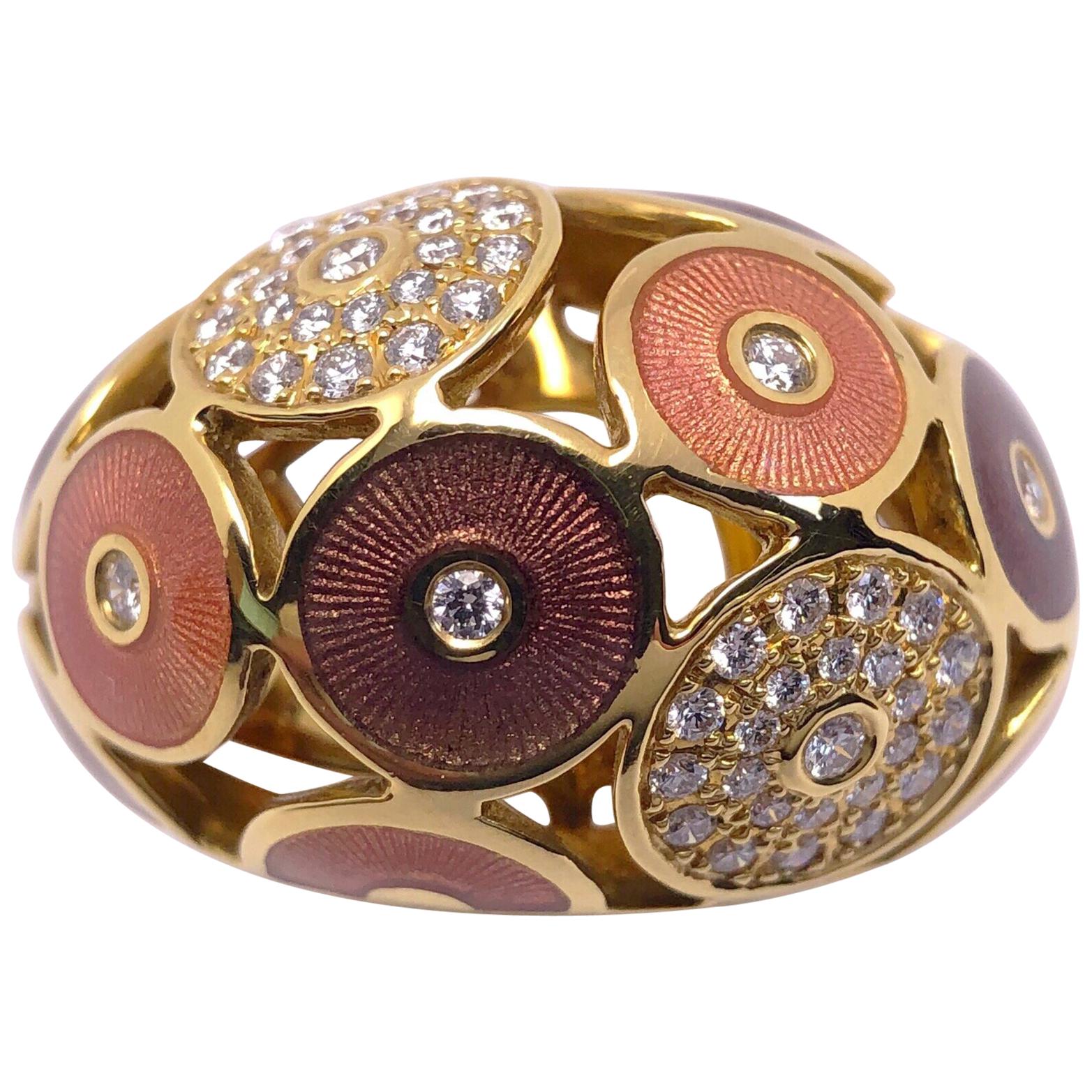 Modern Faberge 18 Karat Yellow Gold, Guilloché Enamel and Diamond Ring