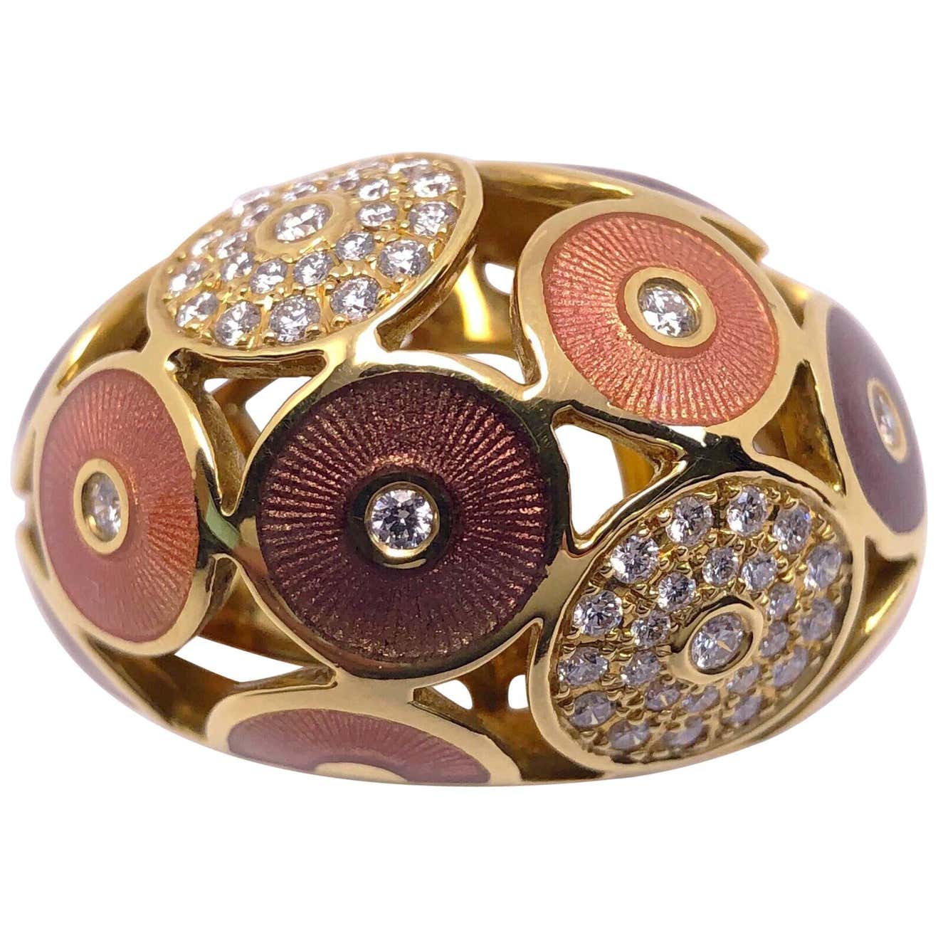 Modern Faberge 18 Karat Yellow Gold, Guilloché Enamel and Diamond Ring ...