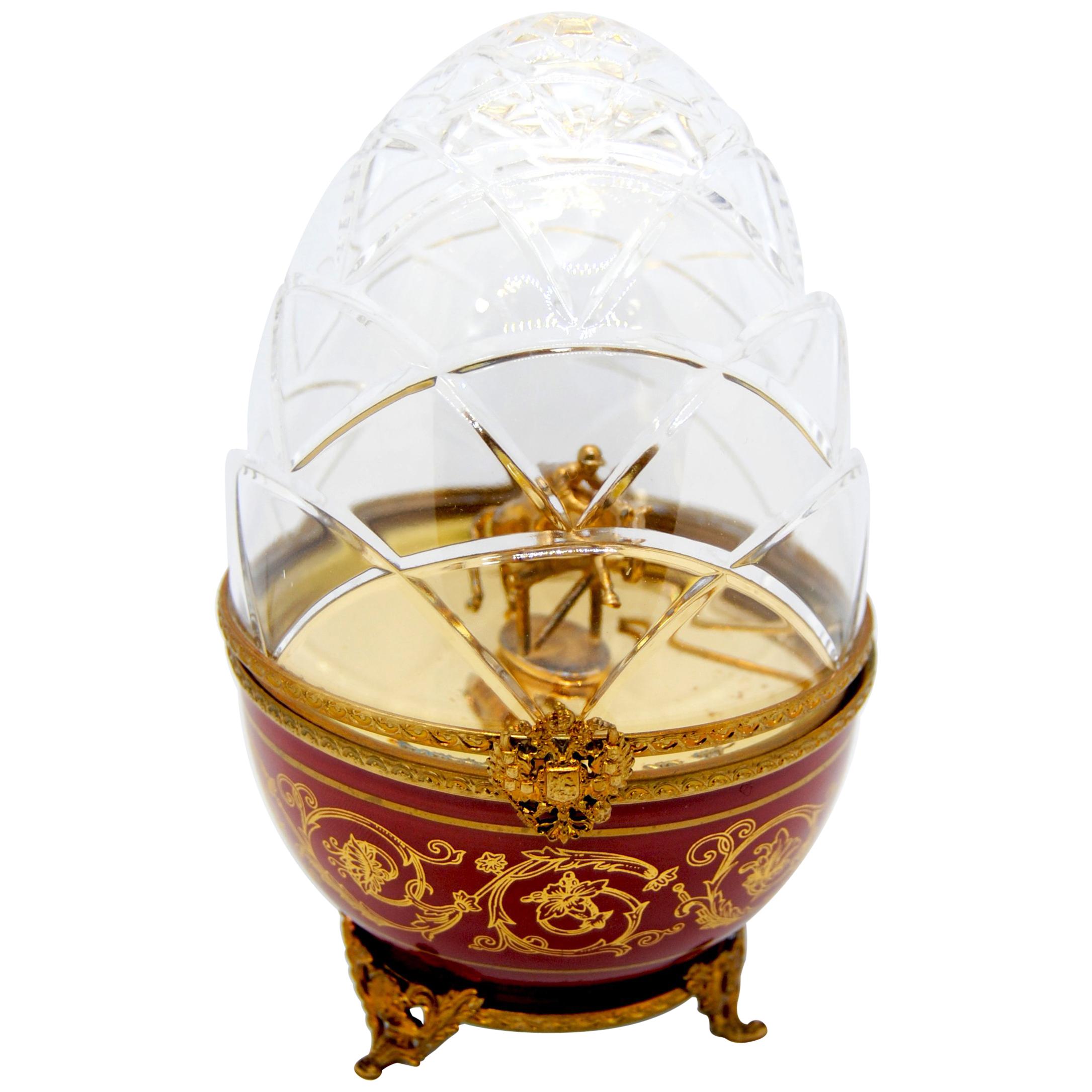 Modern Faberge Crystal Egg Sterling Silver Gold-Plated with Riding Jumper