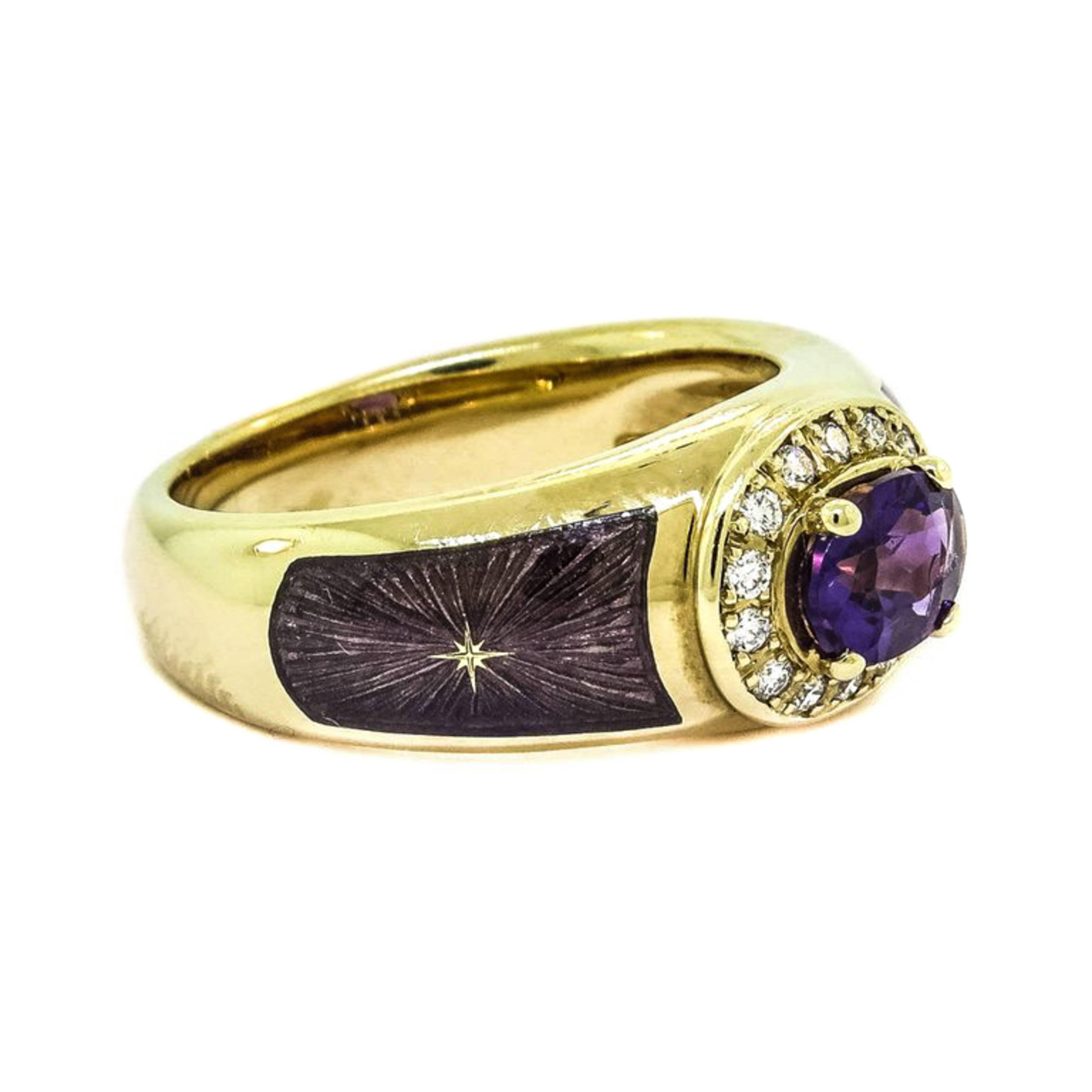 This limited edition ring by Modern Fabergé is crafted in 18 karat yellow gold with enamel sides, centering a gorgeous oval Amethyst.
This is a brand new ring in an original Faberge box and certificate of authenticity.
Finger size 7
