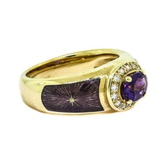 Modern Faberge Enamel Amethyst Diamond Gold Ring