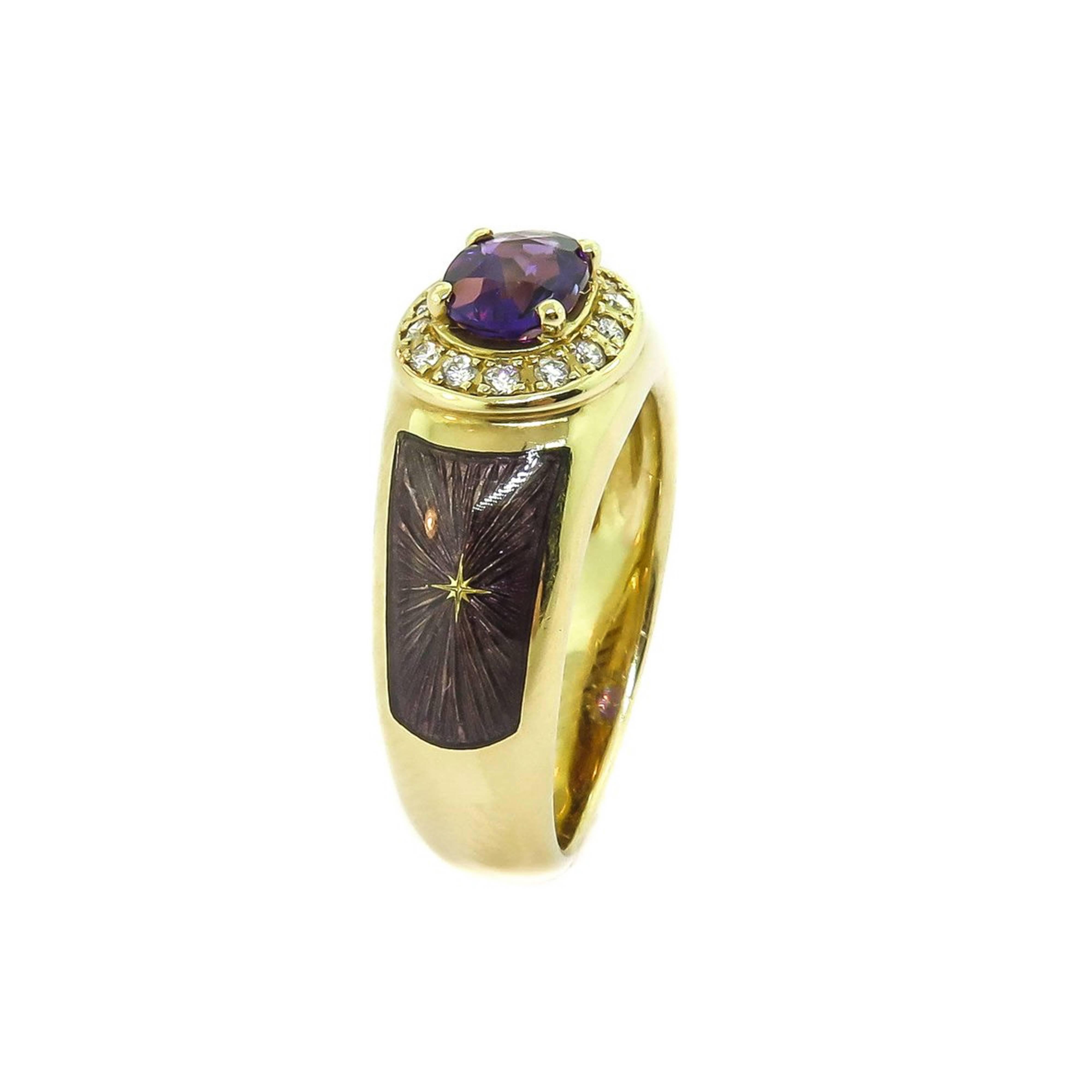 Artist Modern Faberge Enamel Amethyst Diamond Gold Ring