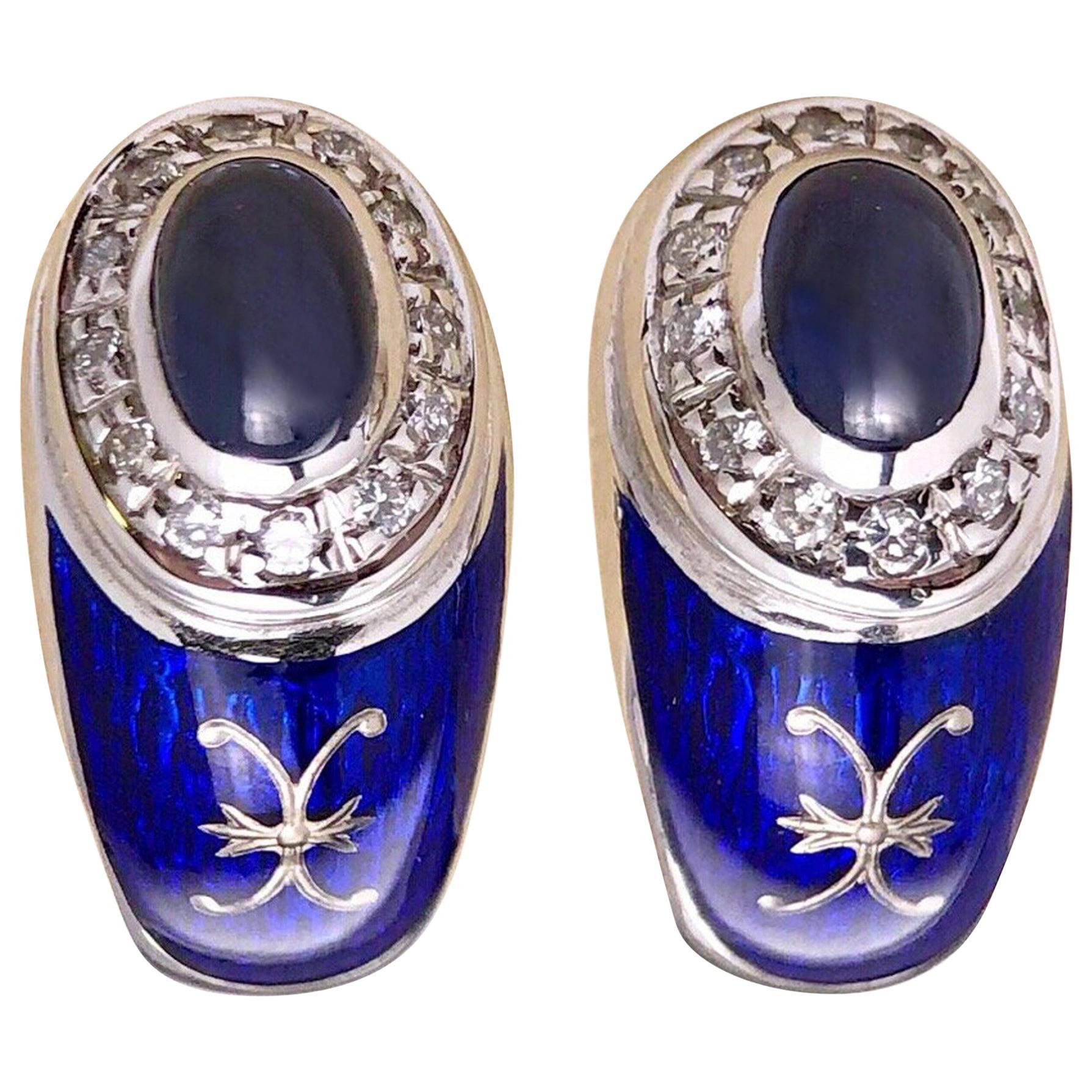 Modern Faberge Gold Diamond Cabochon Sapphire and Enamel Earrings
