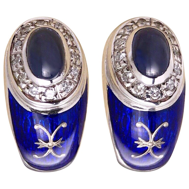 Modern Faberge Gold Diamond Cabochon Sapphire and Enamel Earrings For Sale