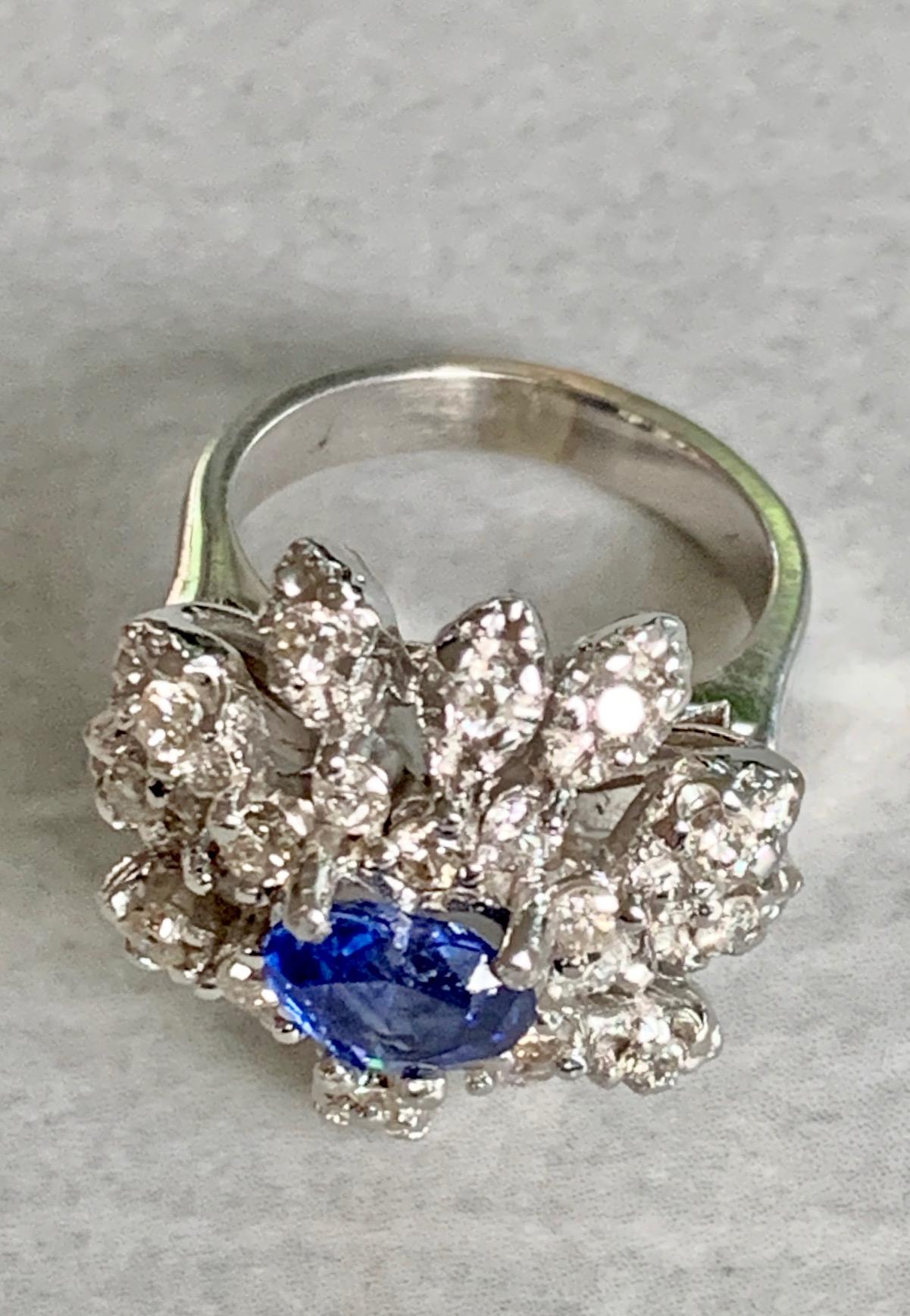 Modern Faceted Heart Cut Blue Ceylon Sapphire & Diamond 14 Karat White Gold Ring 5