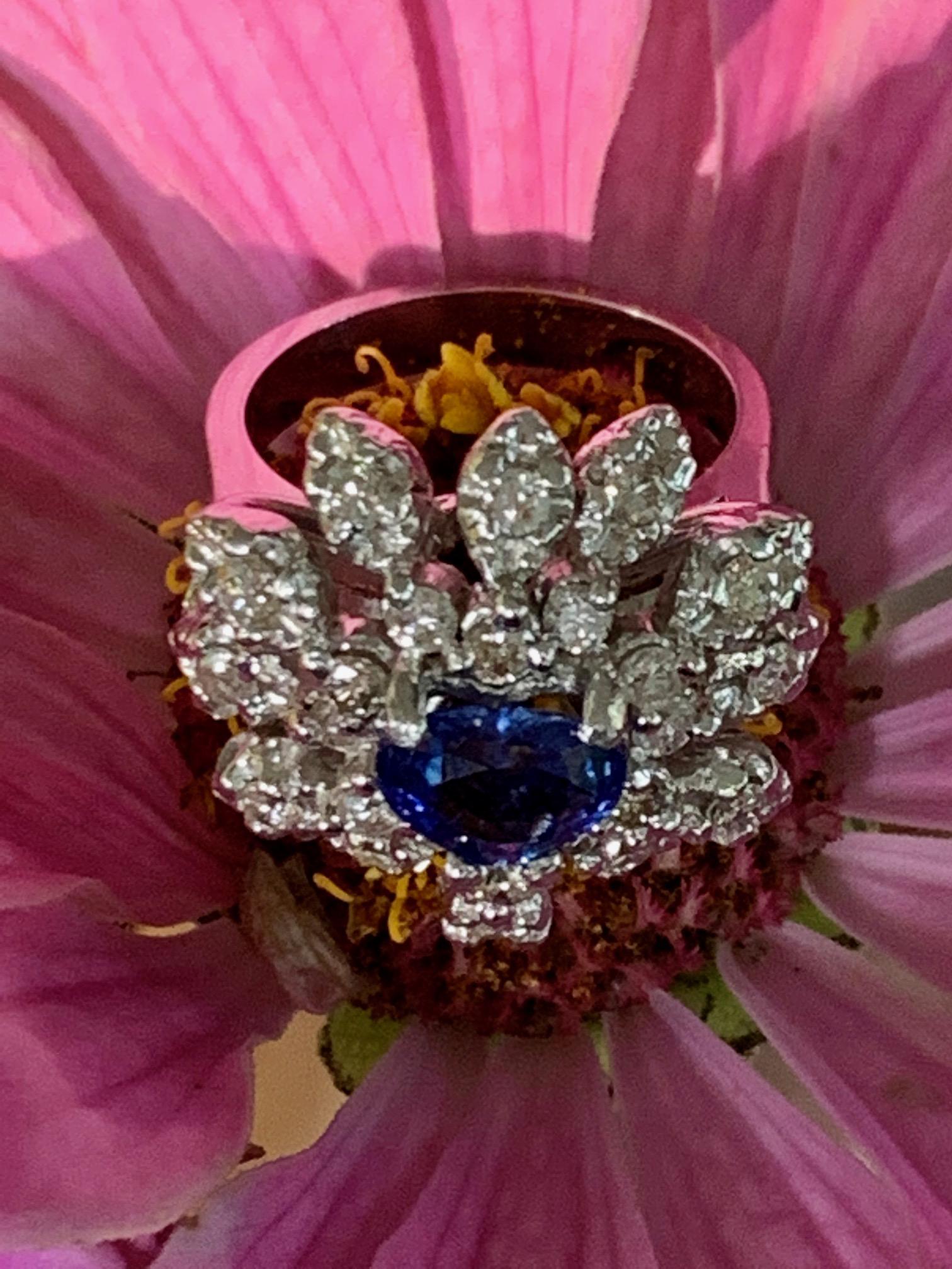 Modern Faceted Heart Cut Blue Ceylon Sapphire & Diamond 14 Karat White Gold Ring 2