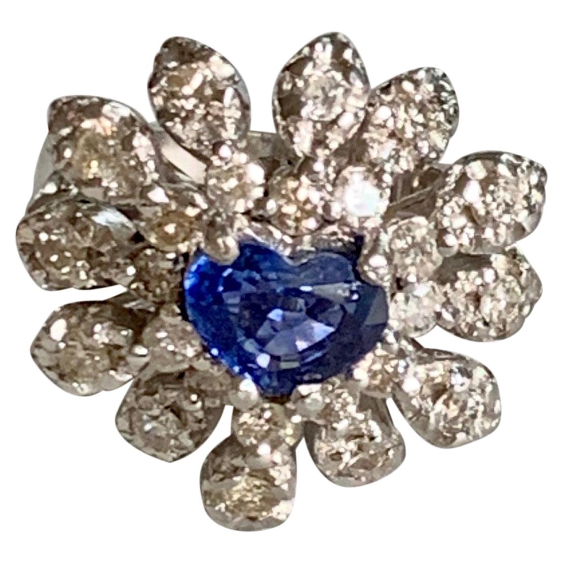 Modern Faceted Heart Cut Blue Ceylon Sapphire & Diamond 14 Karat White Gold Ring