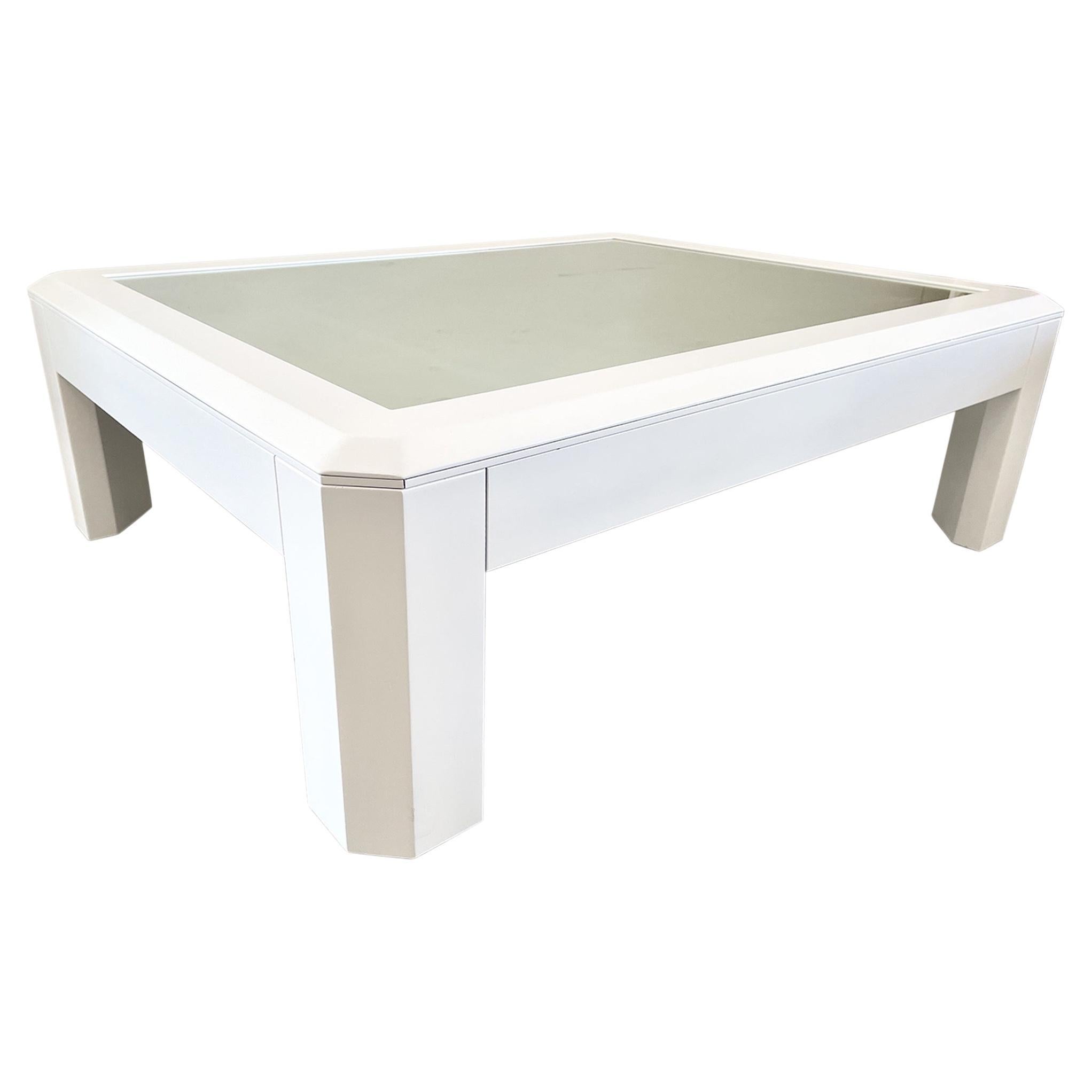 Modern Faceted Mirror Top Coffee Table in Fresh White Lacquer For Sale