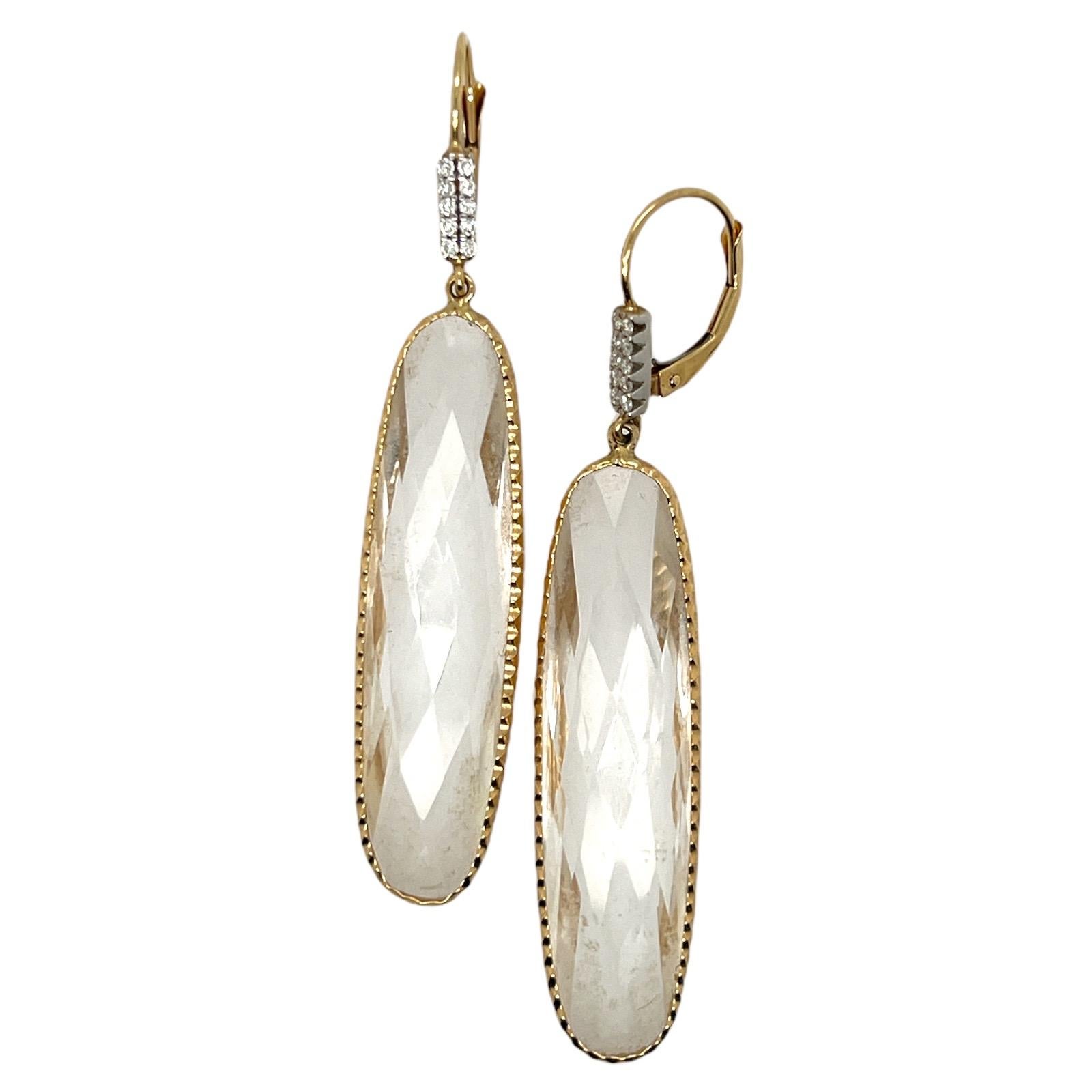 Oval Cut Modern Faceted Quartz Diamond 14 Karat Yellow Gold Drop Earrings 