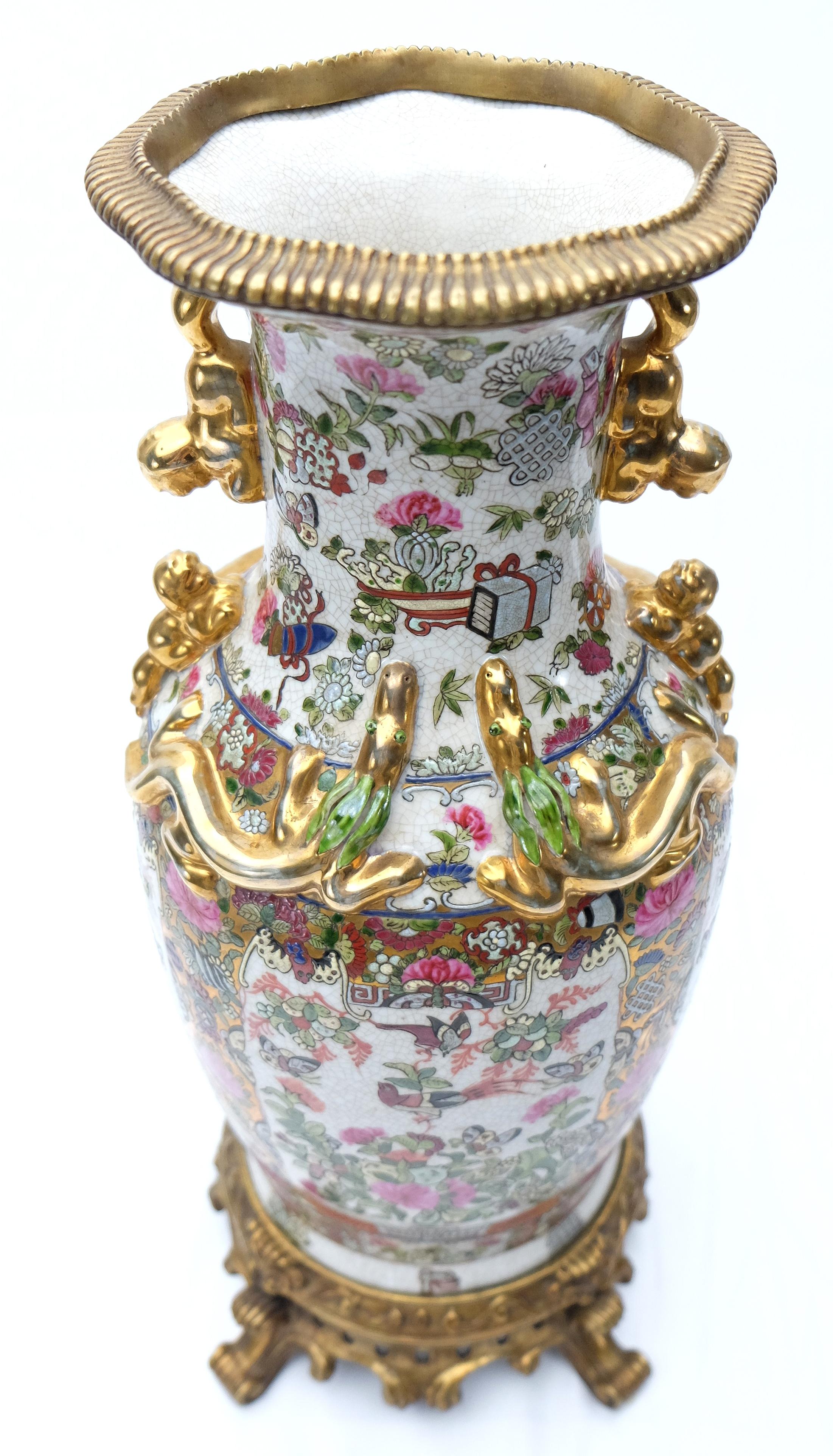 Late 20th Century Modern Famille Rose Chinese Vases on Bronze Stands China For Sale