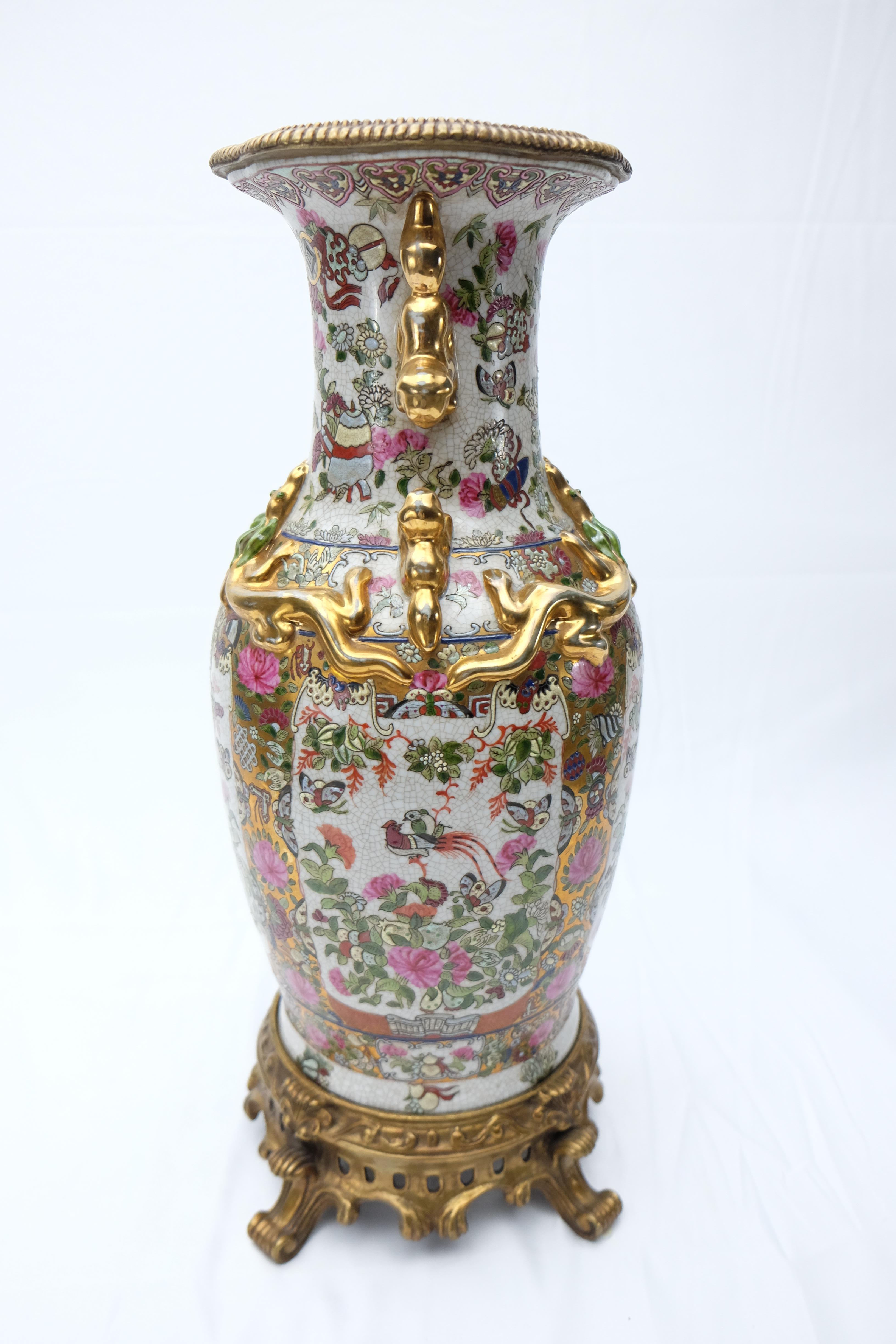 Porcelain Modern Famille Rose Chinese Vases on Bronze Stands China For Sale