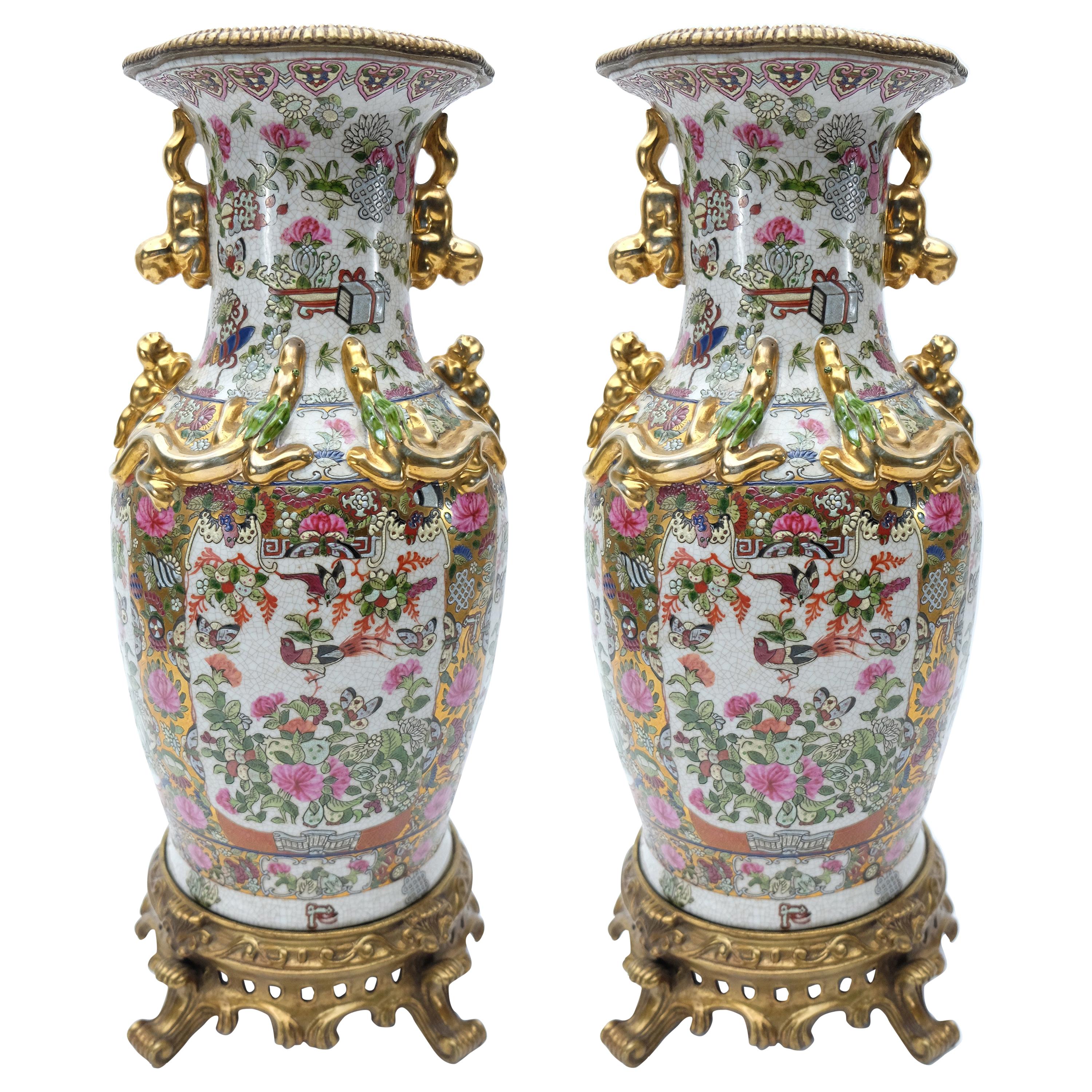 Modern Famille Rose Chinese Vases on Bronze Stands China For Sale
