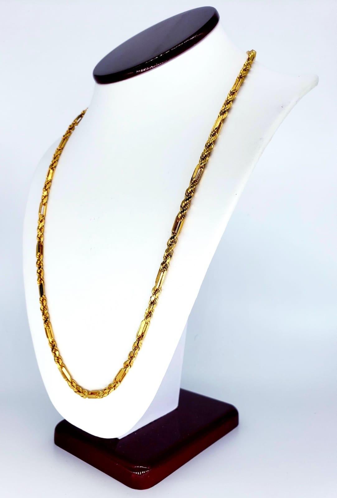 Rate Heavy Fancy Rope Link Chain 22k Gold 24 Inches. The necklace is very shiny with the fancy look. The necklace weights 48.5 grams solid 22k gold and is 4.20mm wide. This chain is a very luxury piece.